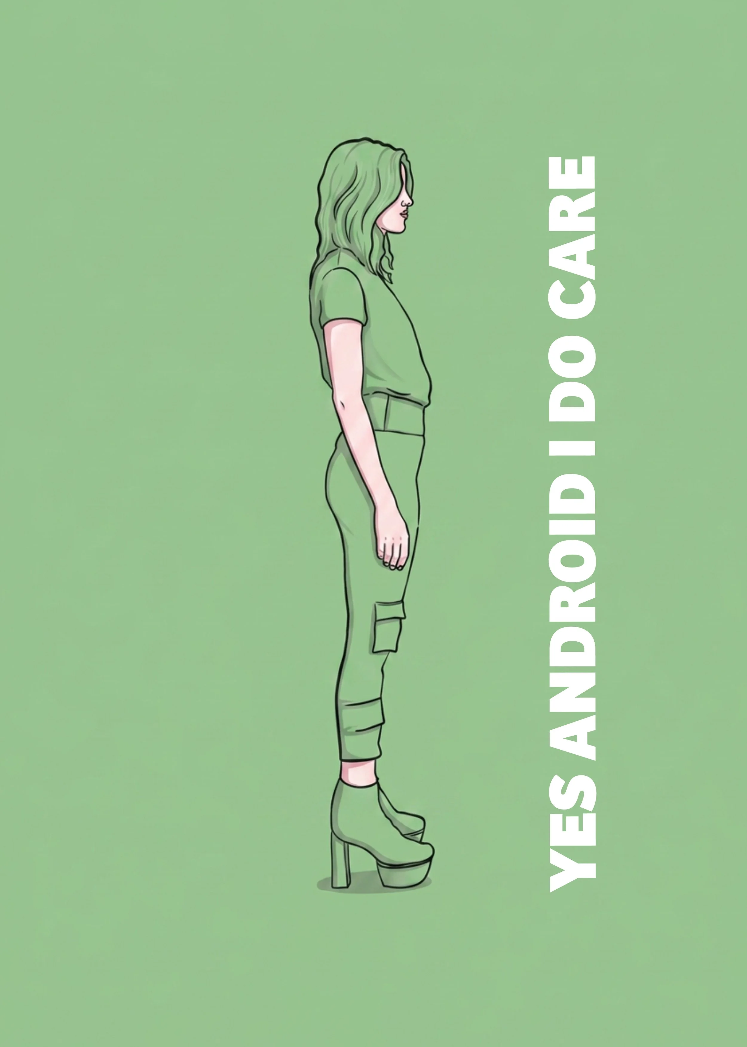 Digital illustration of a woman with green hair and green outfit, wearing high-heeled shoes, standing in profile. Text on the right reads 'SEXY DIGITAL FACE'.