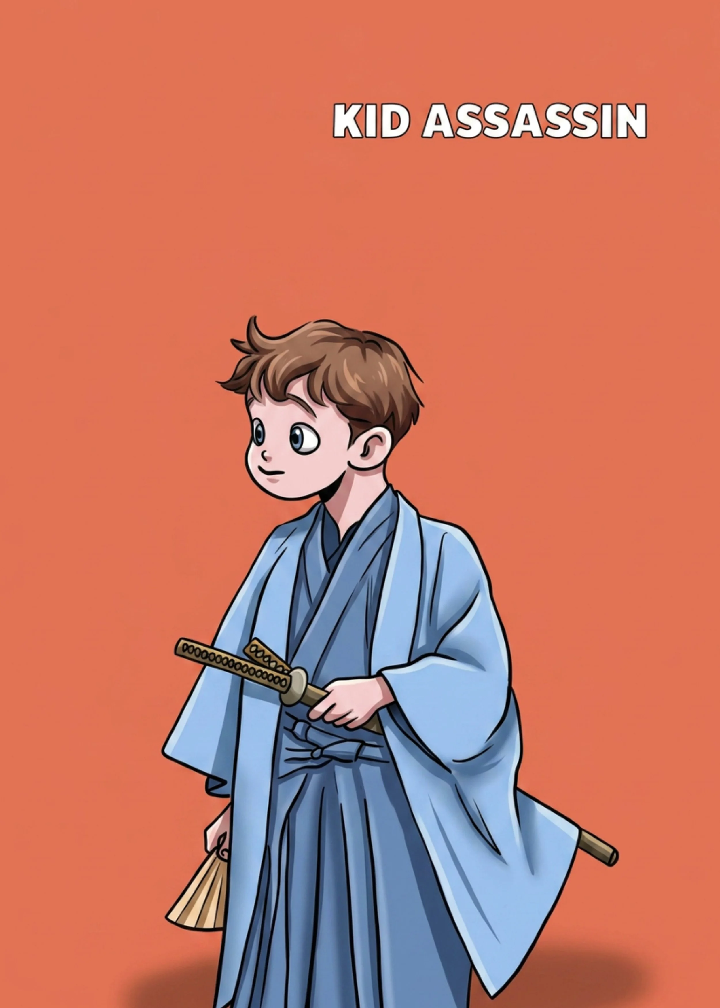 A cartoon boy dressed as a kid from historical Japan, wearing traditional kimono, holding a small broom and a sword, standing against a plain orange background.