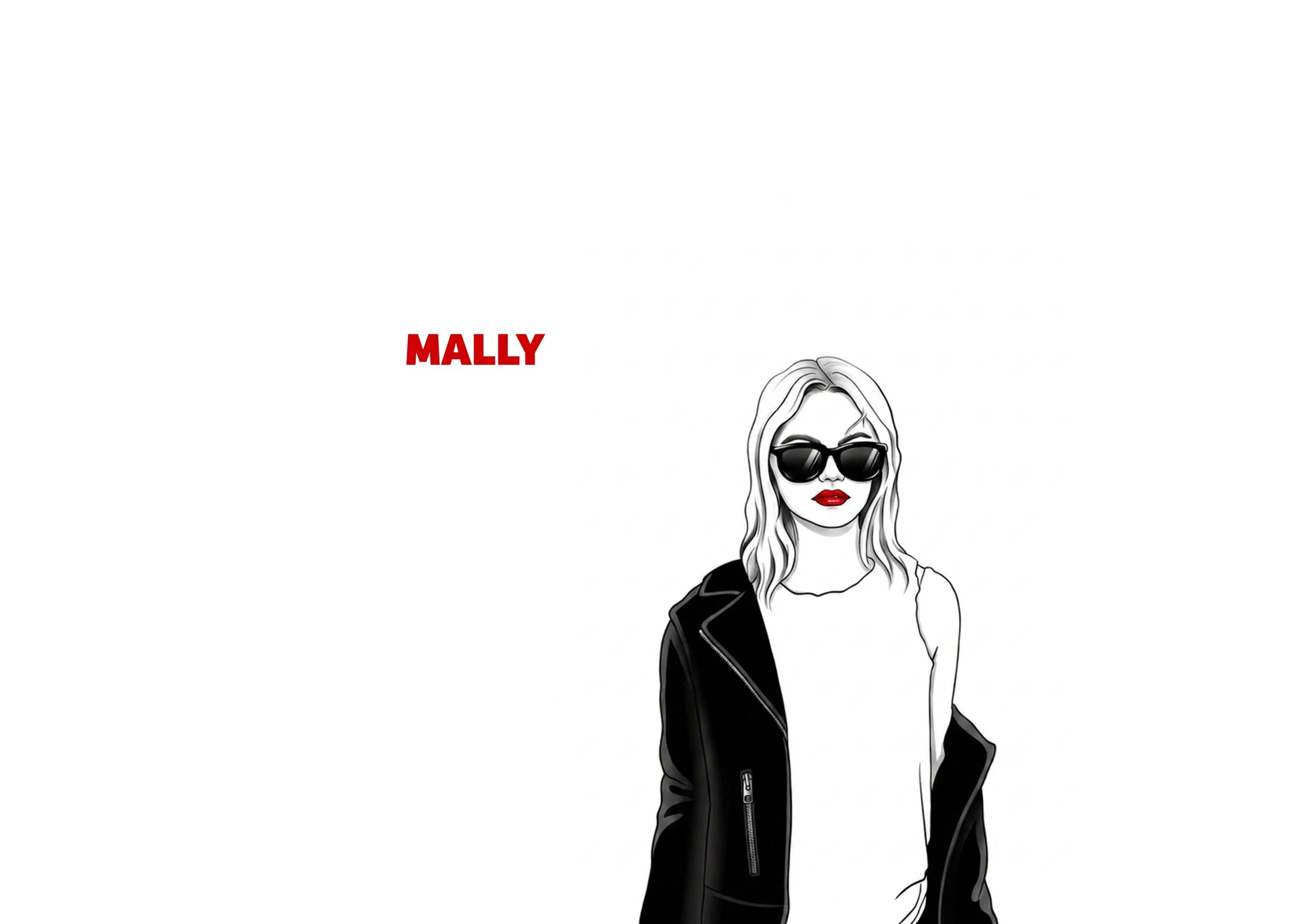 Illustration of a woman wearing sunglasses, with blonde hair, red lipstick, a white shirt, and a black leather jacket.