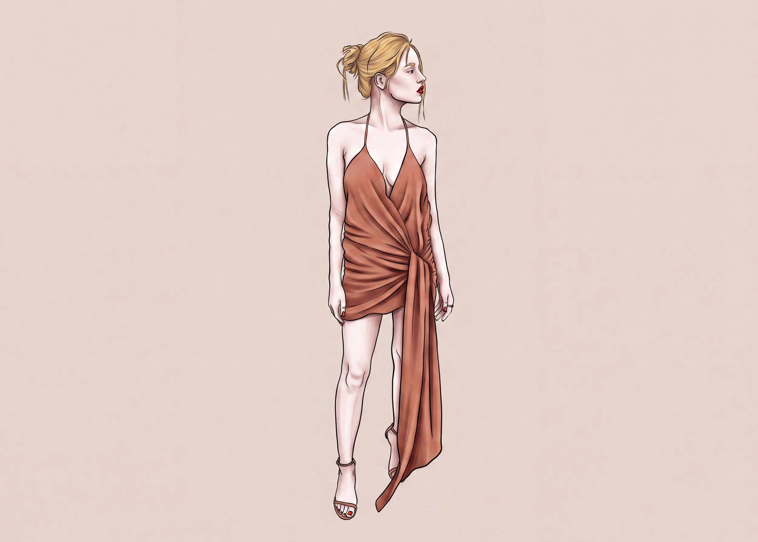 A digital illustration of a woman with blonde hair styled in a loose bun, wearing a brown slip dress with a side slit. She has red lipstick, dark eye makeup, and is standing against a plain background.
