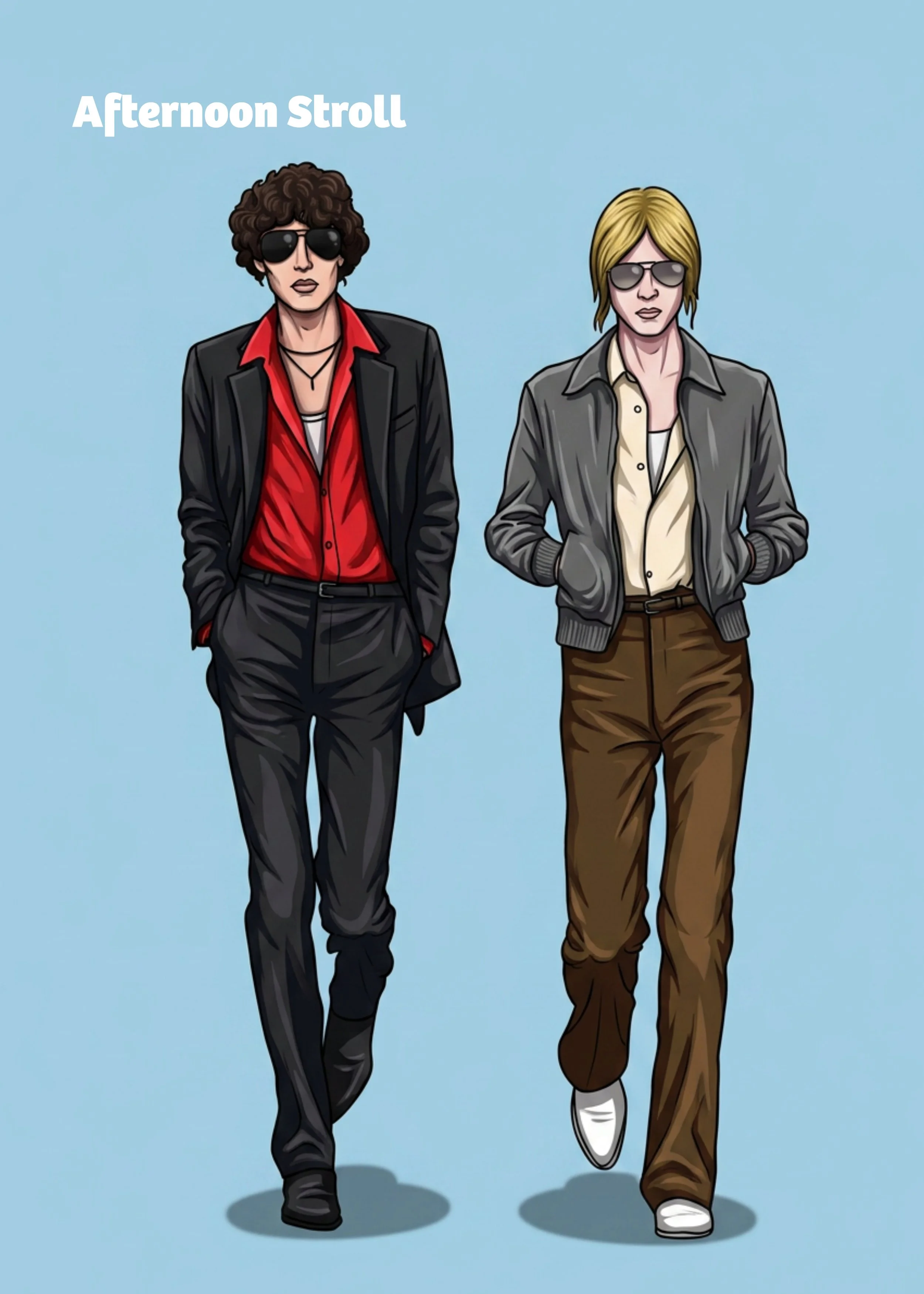 Two women walking side by side during an afternoon stroll, dressed in stylish casual clothing and wearing sunglasses, against a light blue background.