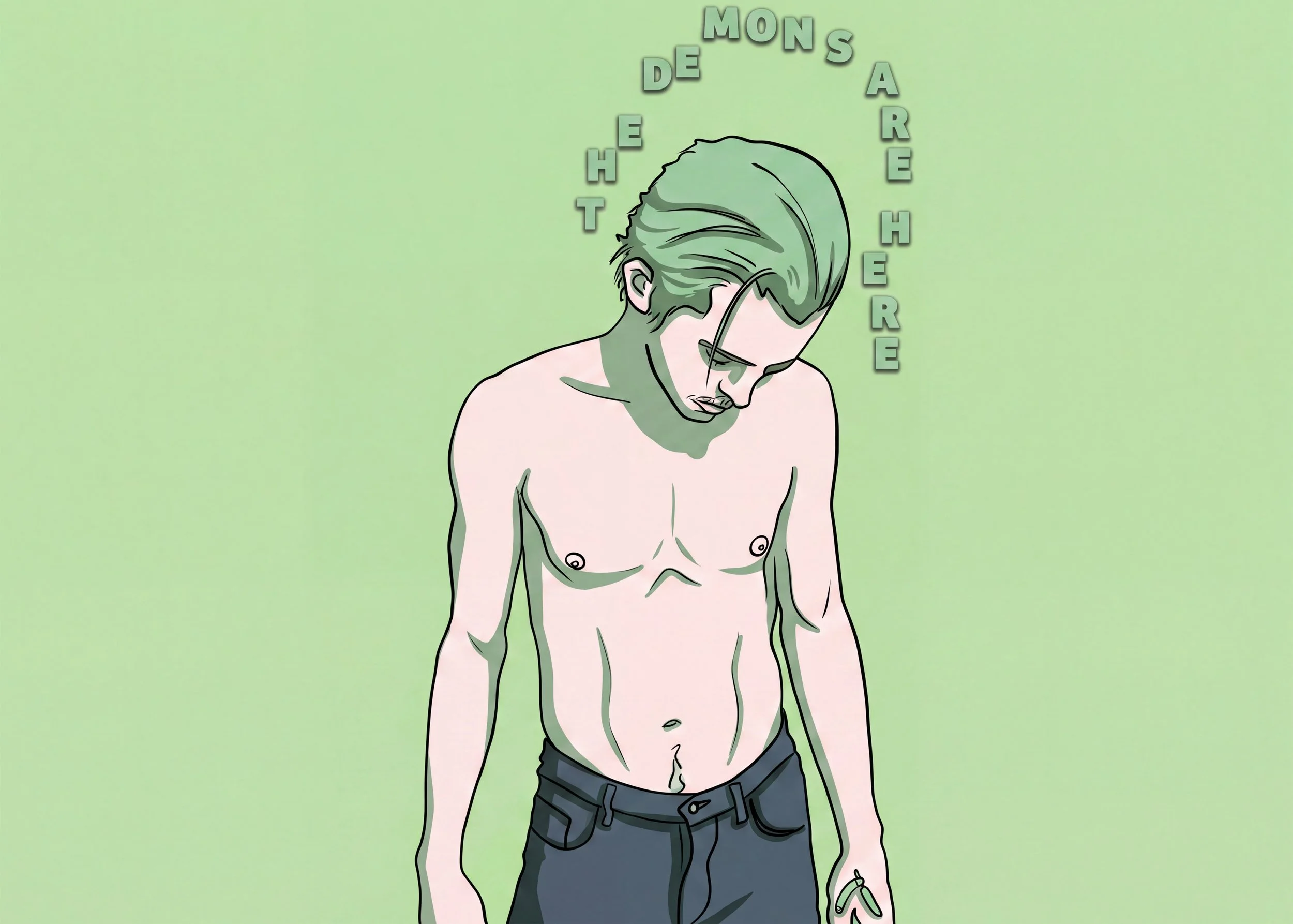A digital illustration of a young man with glasses and green hair, shirtless, looking down with his eyes closed. The background is light green, and vertical text spelling 'MONS DE HET' is positioned around his head.