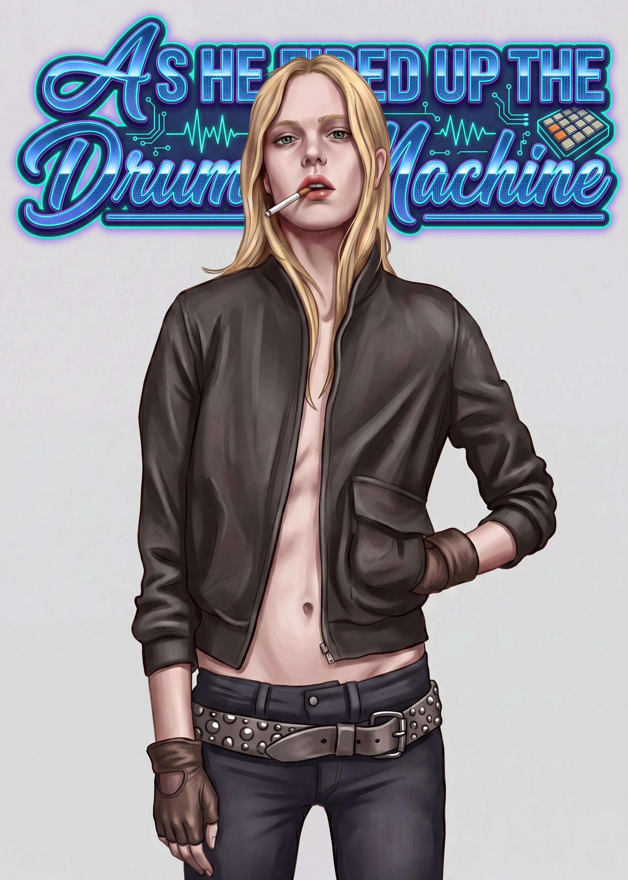 A digital illustration of a woman with long blonde hair, wearing a black leather jacket, black gloves, and black pants with a studded belt. She has a cigarette in her mouth and a confident expression, standing in front of a neon sign that says 'As Sh