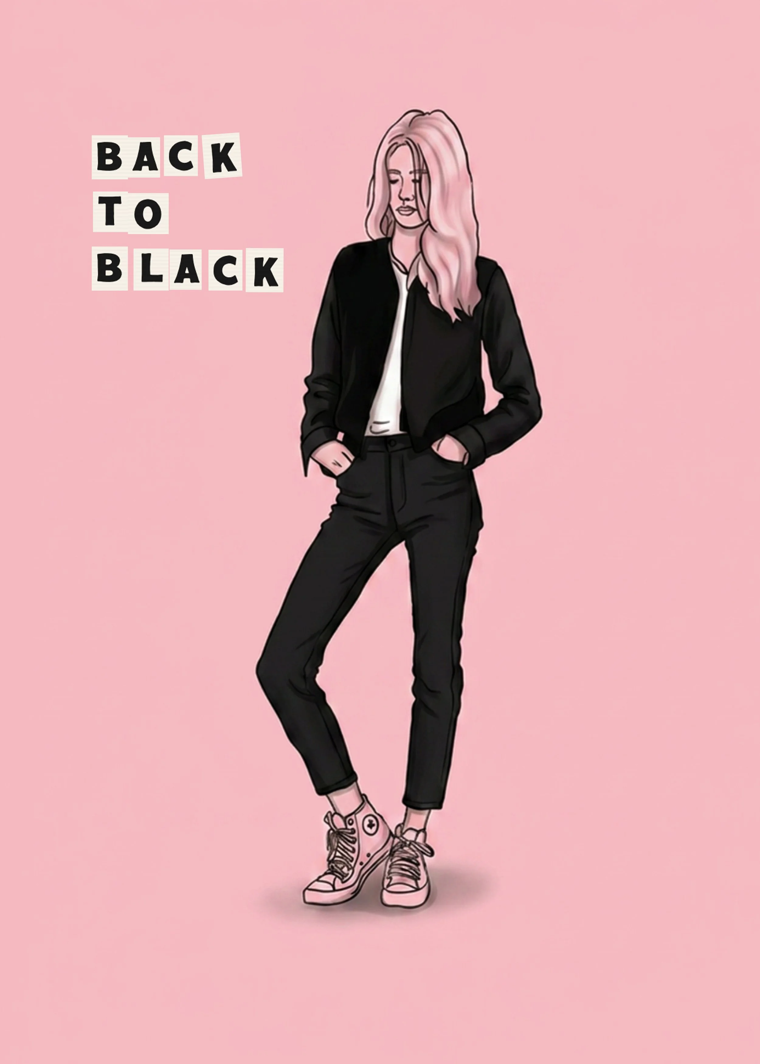 Illustration of a young woman with pink hair wearing a black jacket, black pants, and pink high-top sneakers with a pink background. The text 'Back to Black' is displayed on the left side.