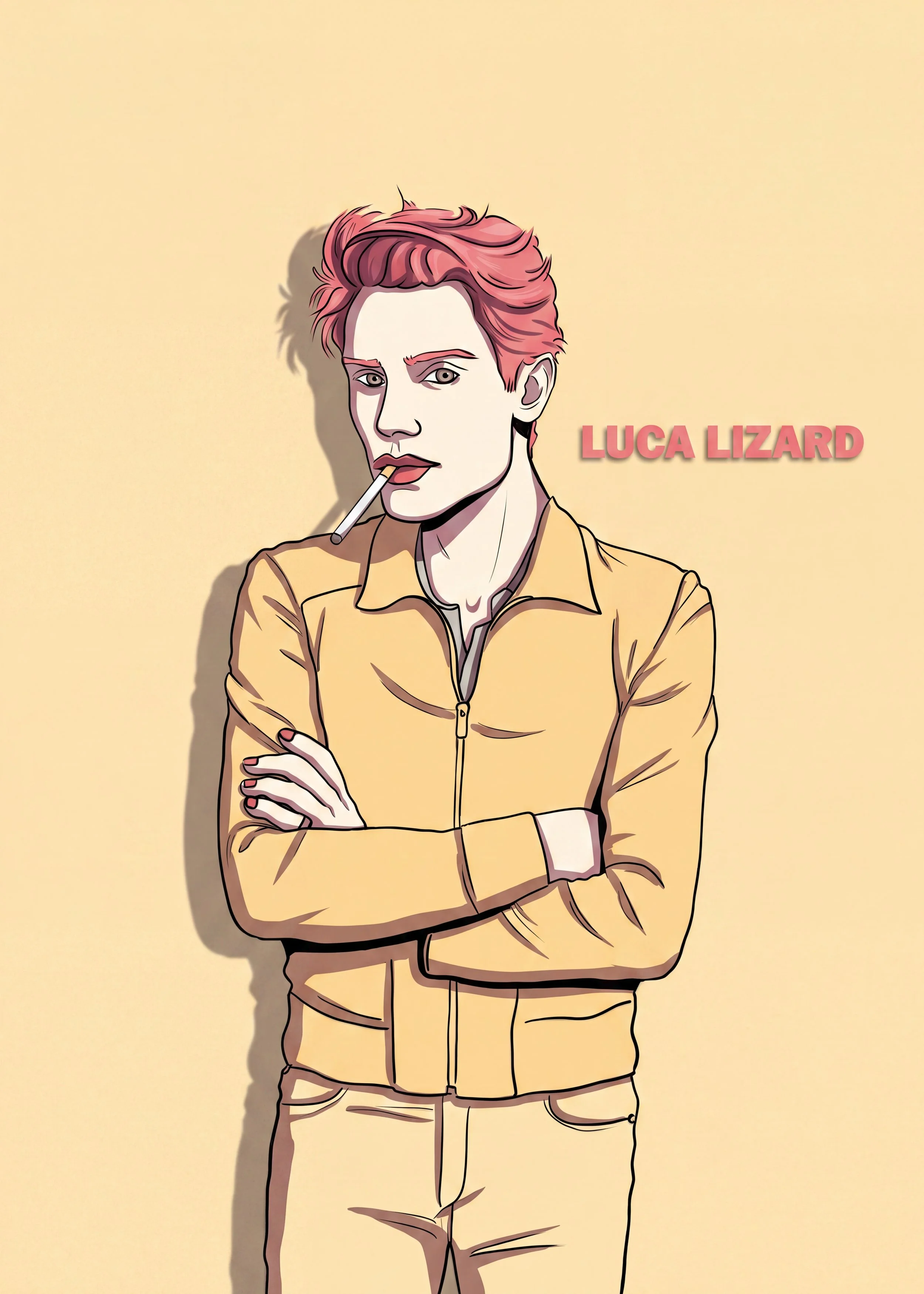 Digital illustration of a person with pink hair, wearing a yellow jacket, holding a cigarette in their mouth, and crossing their arms, with the text 'LUCA LIZARD' in pink letters to the right.