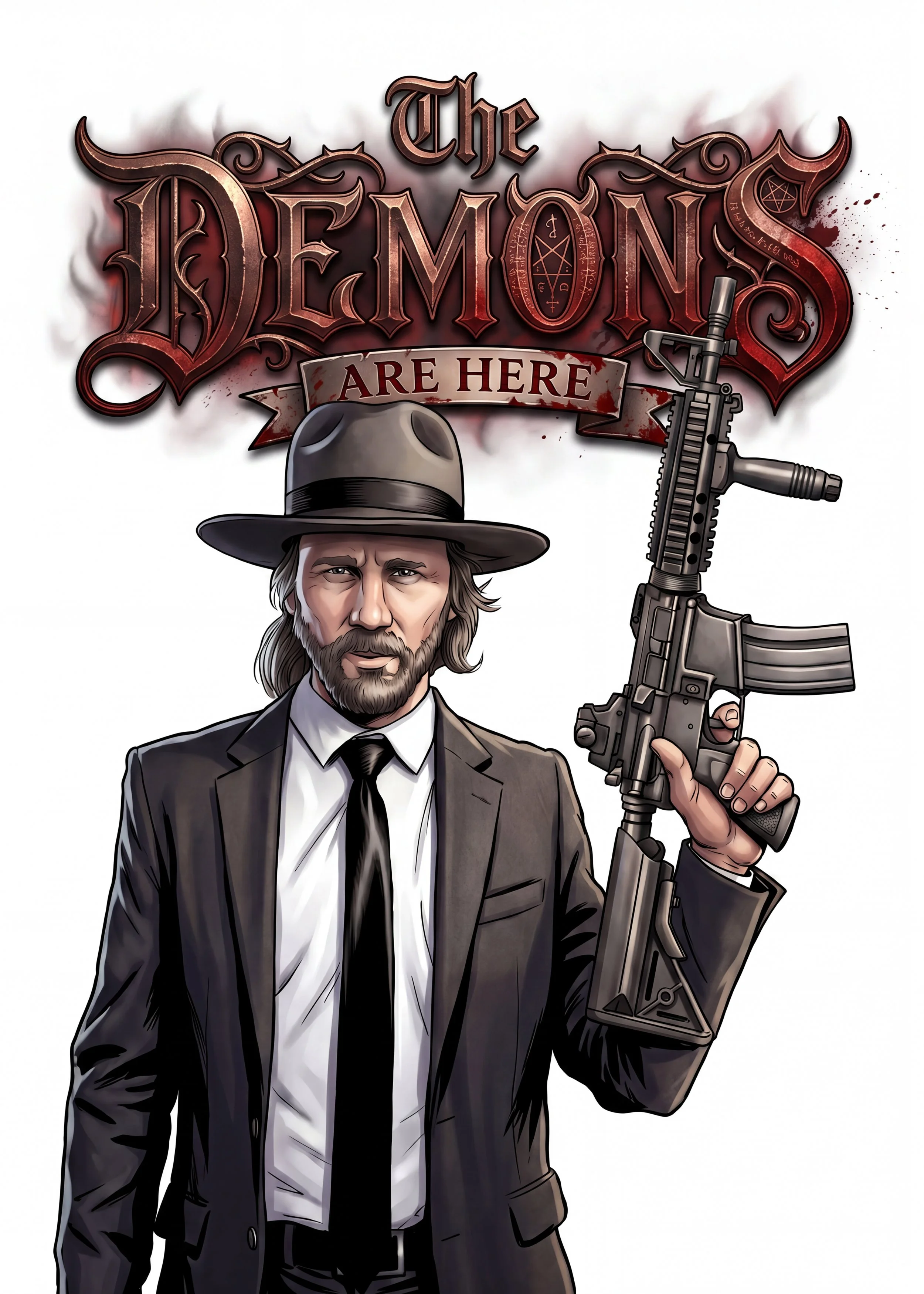 A man in a black suit and tie, wearing a gray fedora, holding an assault rifle, with a graphic text above reading 'The Demons Are Here' and blood splatters in the background.