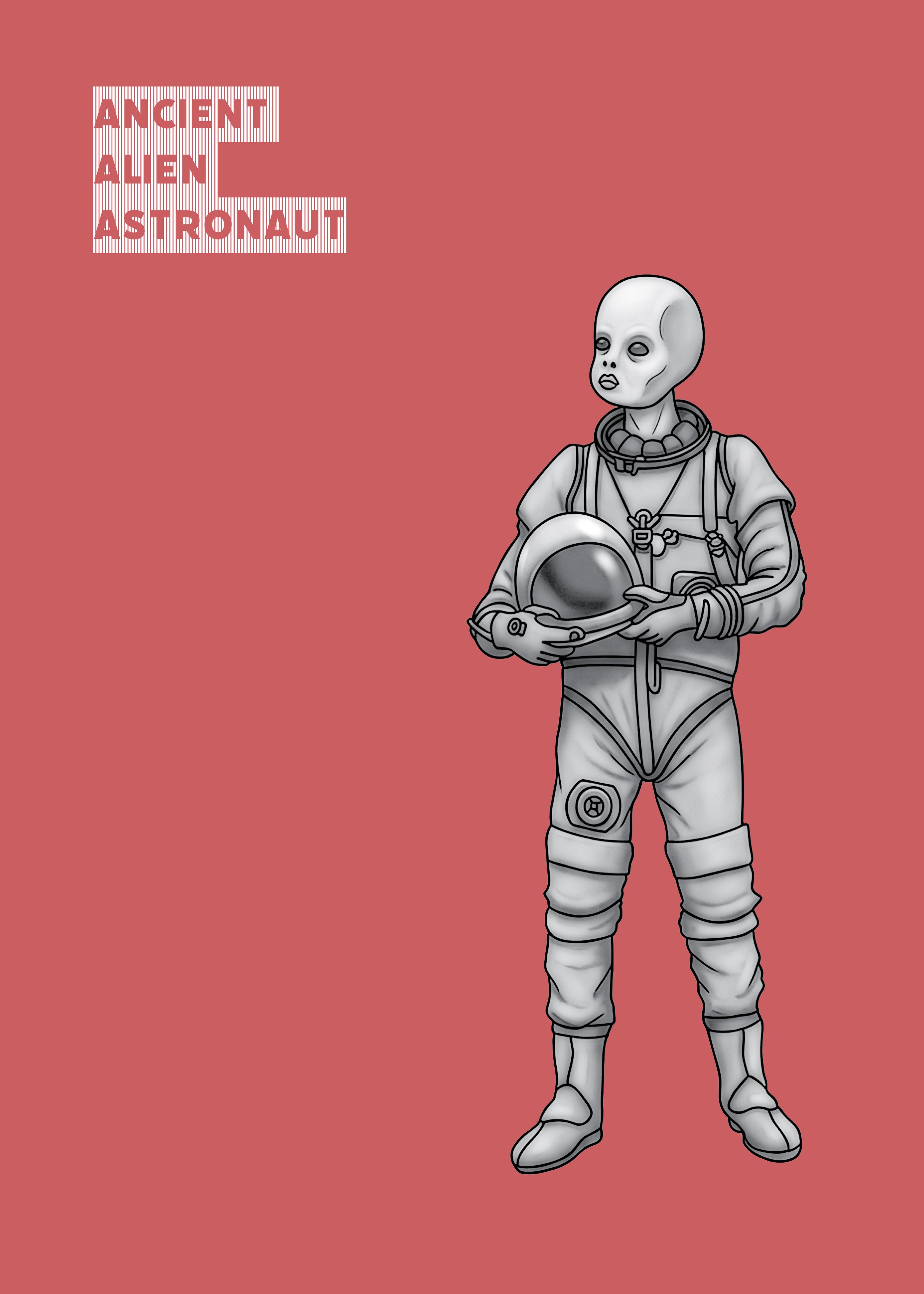 An alien wearing a spacesuit, holding a helmet under its arm, standing against a red background.