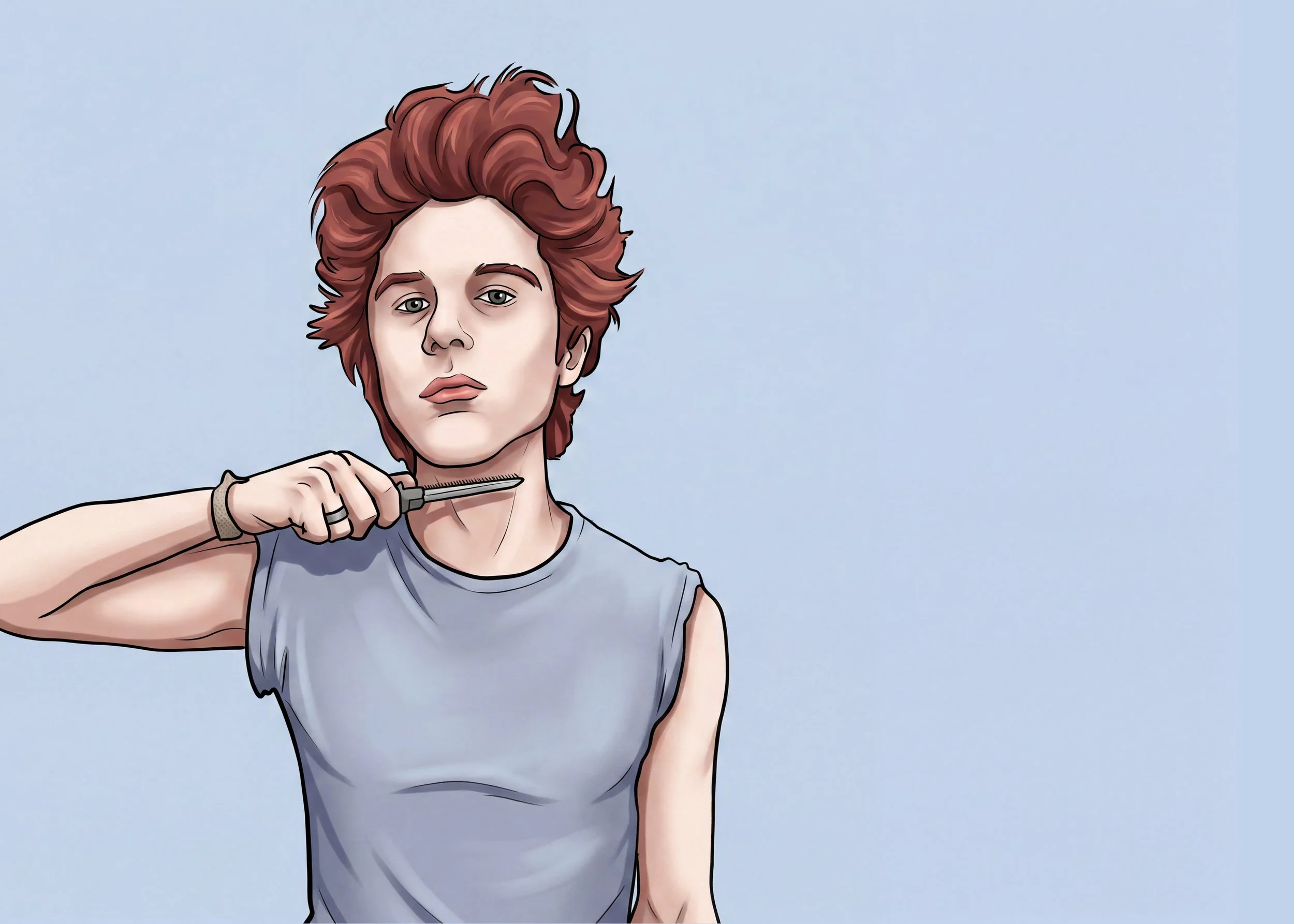 A woman with short, wavy red hair is holding a pair of scissors near her neck, wearing a light gray sleeveless top, against a plain blue background.