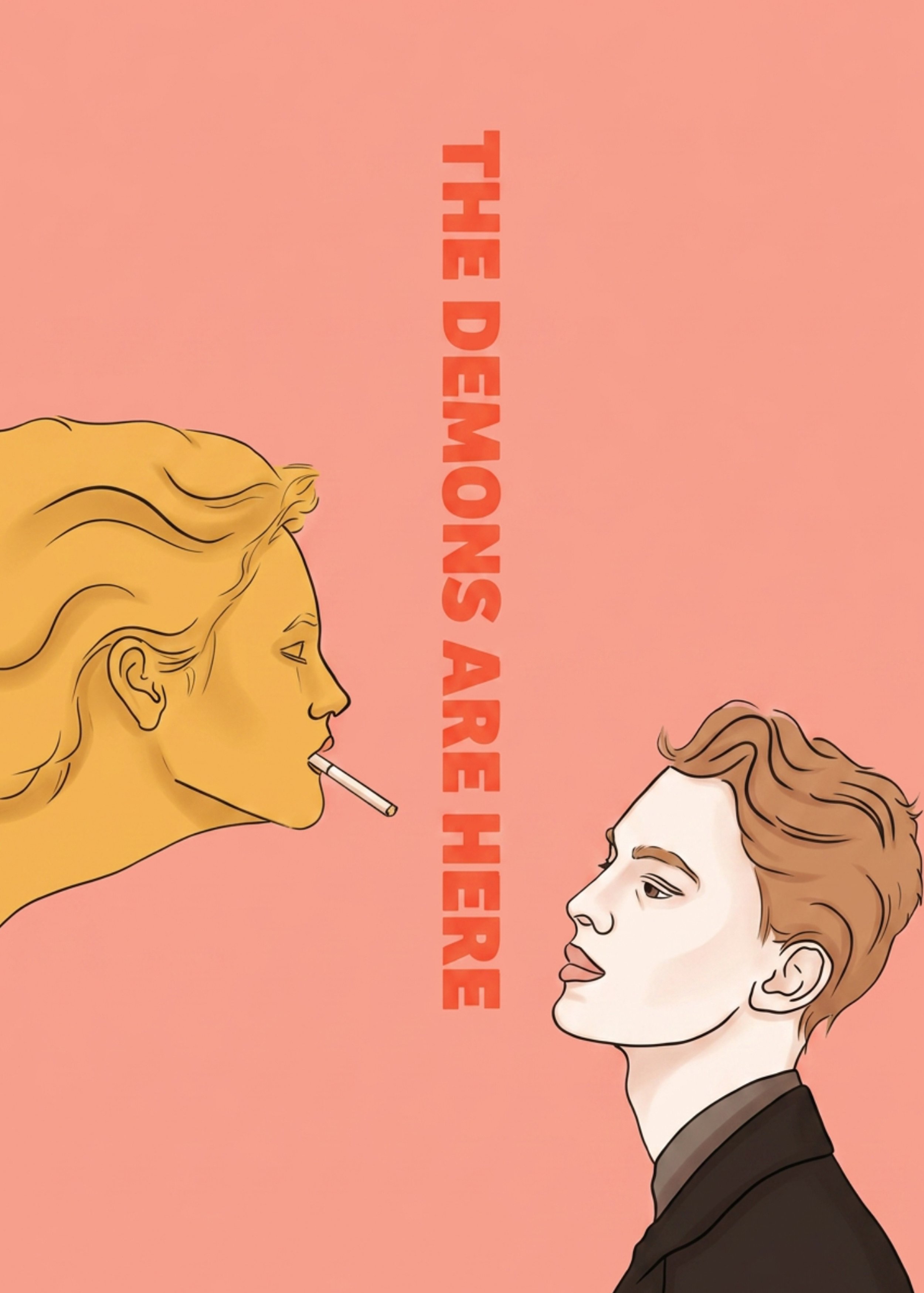 Illustration of two people looking at each other, with the text 'The Department of The Department' vertically in the middle, on a pink background.