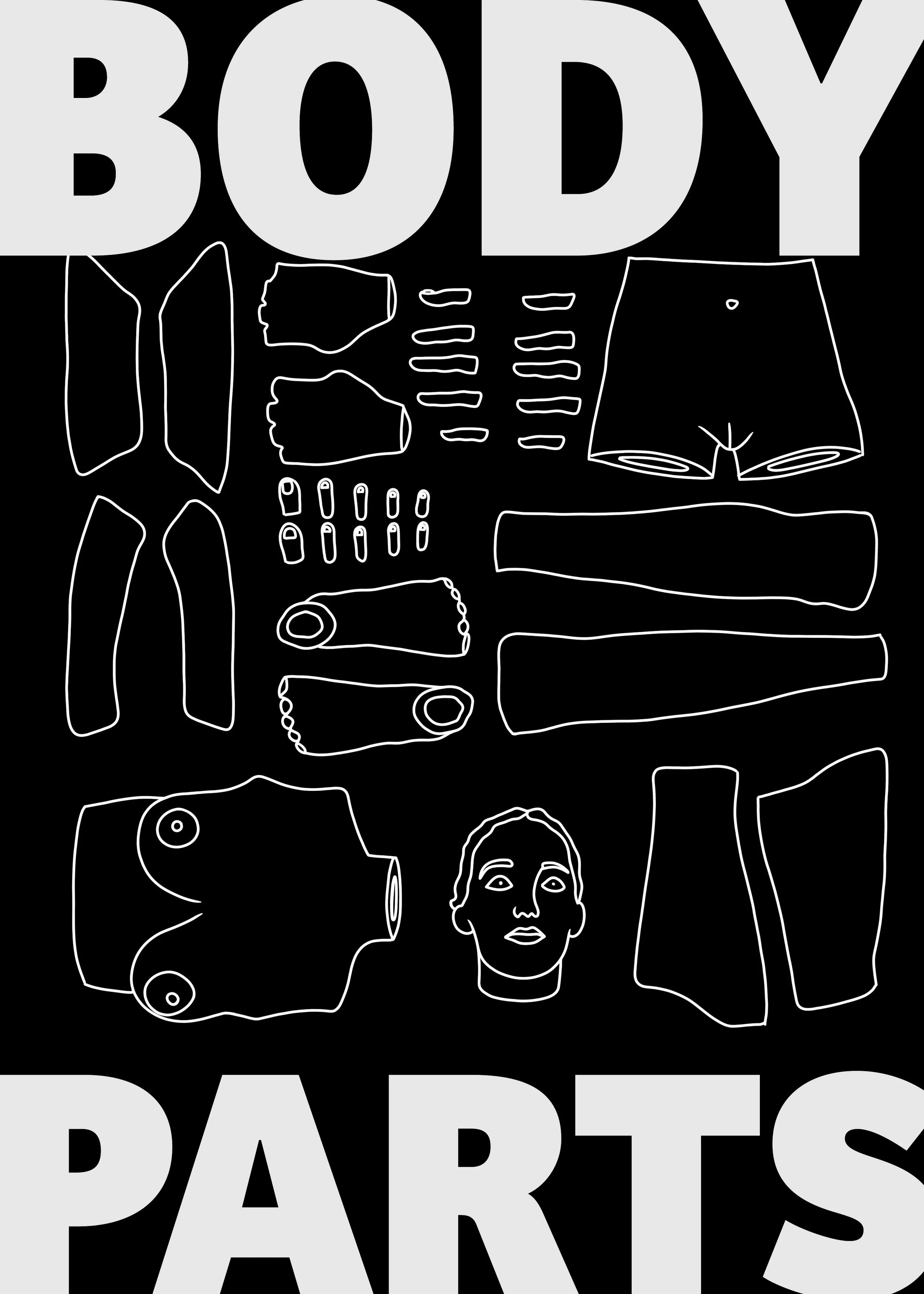 Outline illustrations of various parts of the human body, such as a head, hands, and legs, arranged around large text that reads 'BODY PARTS' with some of the text overlapping the illustrations.