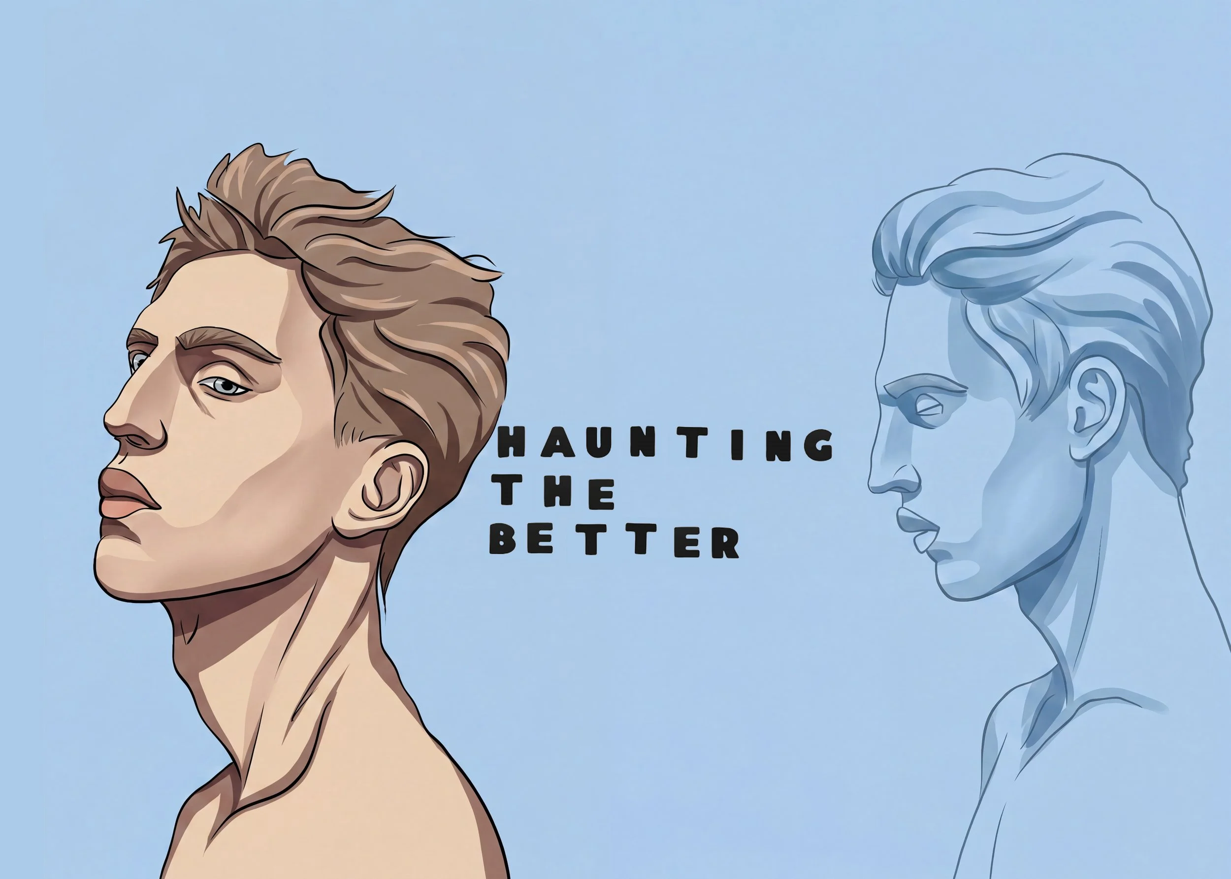 Illustration of two side-profile faces, one colored and the other a blue outline, with the text 'Haunting the Best' in the middle.
