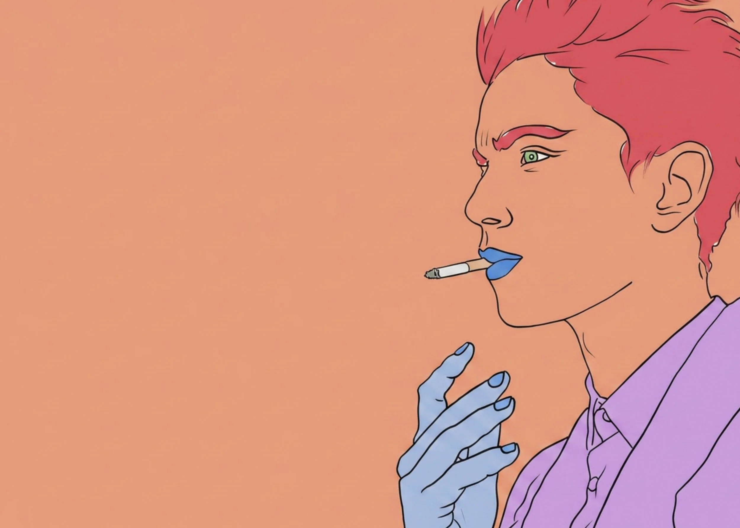 An illustration of a person with red hair, green eyes, blue painted lips, wearing a purple shirt, holding a cigarette near their lips with a hand that has long nails, against a peach-colored background.