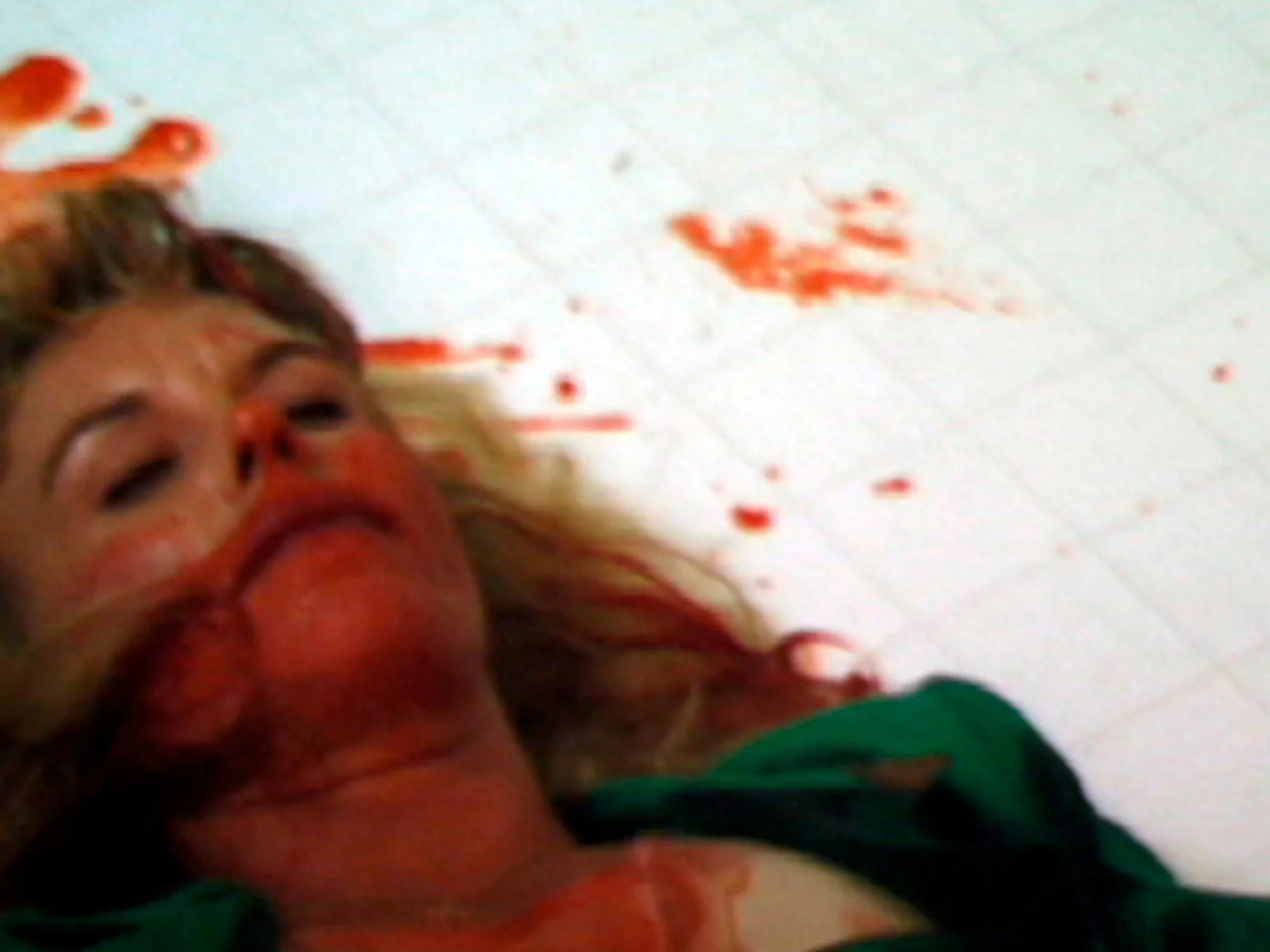 Close-up photo of a person's face with long hair, smiling, with red paint or blood on their face and clothes, against a white background.