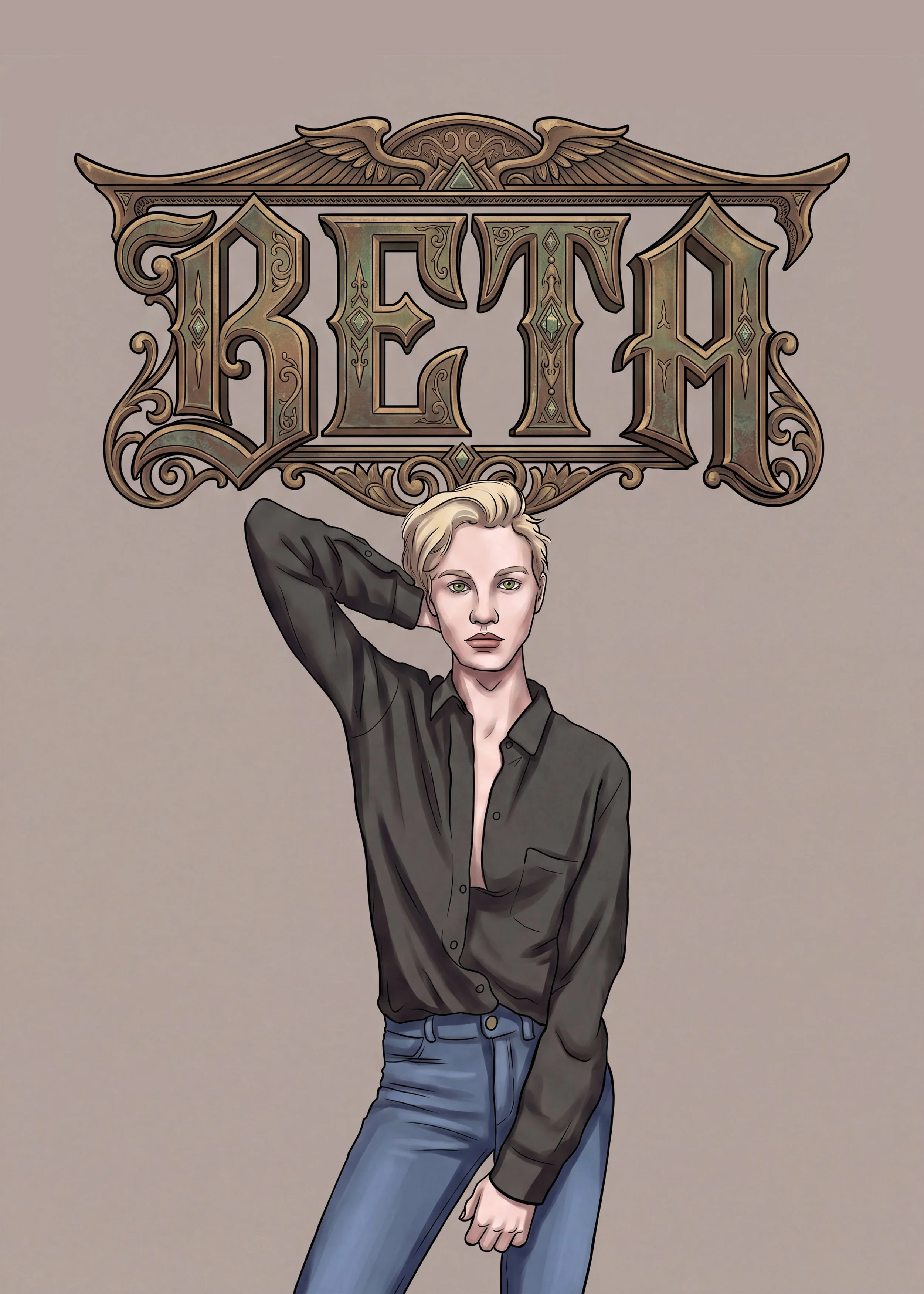 A young woman with short blond hair and green eyes poses with her left hand behind her head. She is wearing a black shirt with the top buttons undone and blue jeans. Behind her, there is a decorative sign with the word 'REBELLION' in stylized, ornate