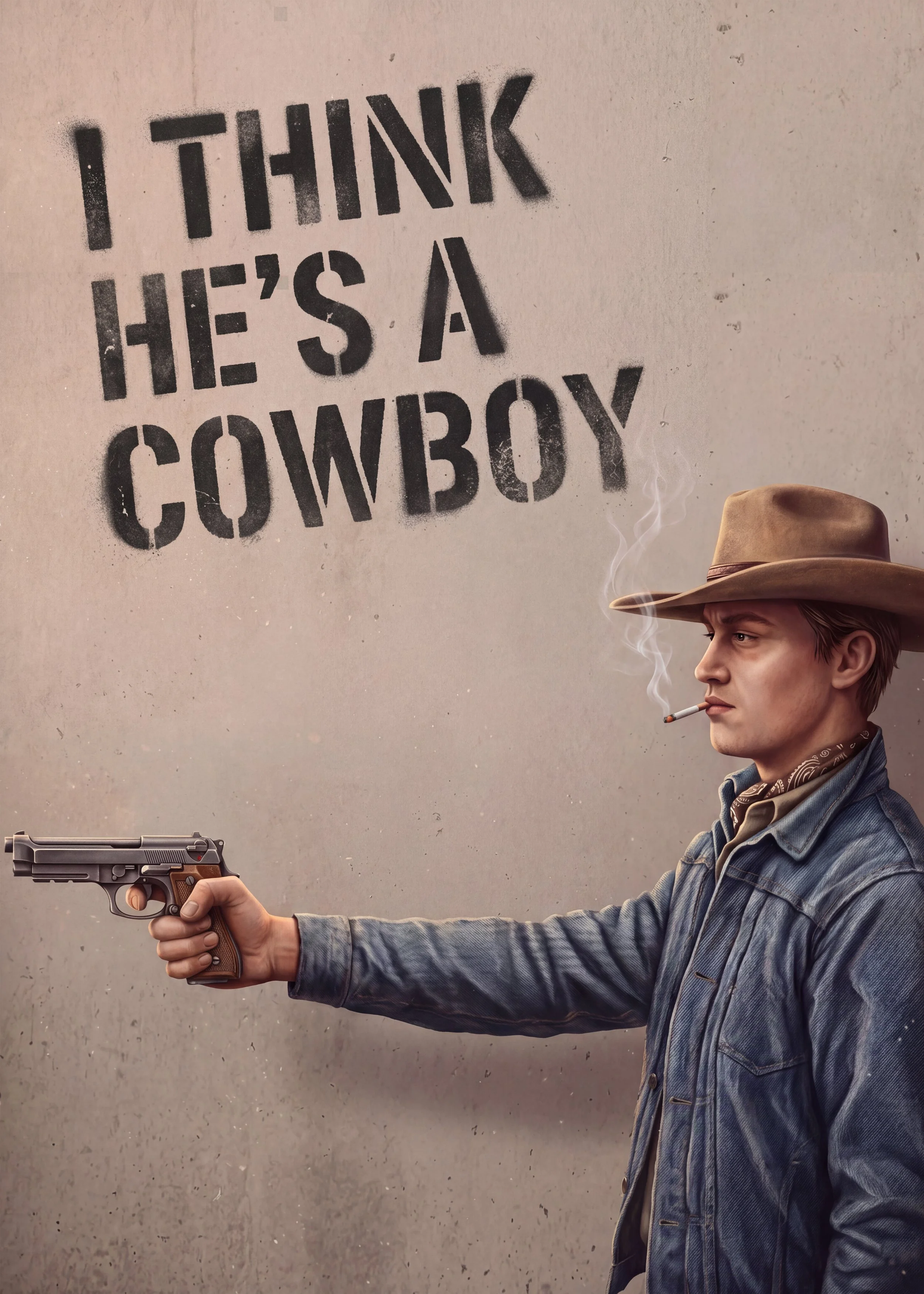 A young man wearing a cowboy hat and bandana around his neck pointing a handgun with his arm extended, with cigarette smoke coming from his mouth, standing in front of a plain gray wall.