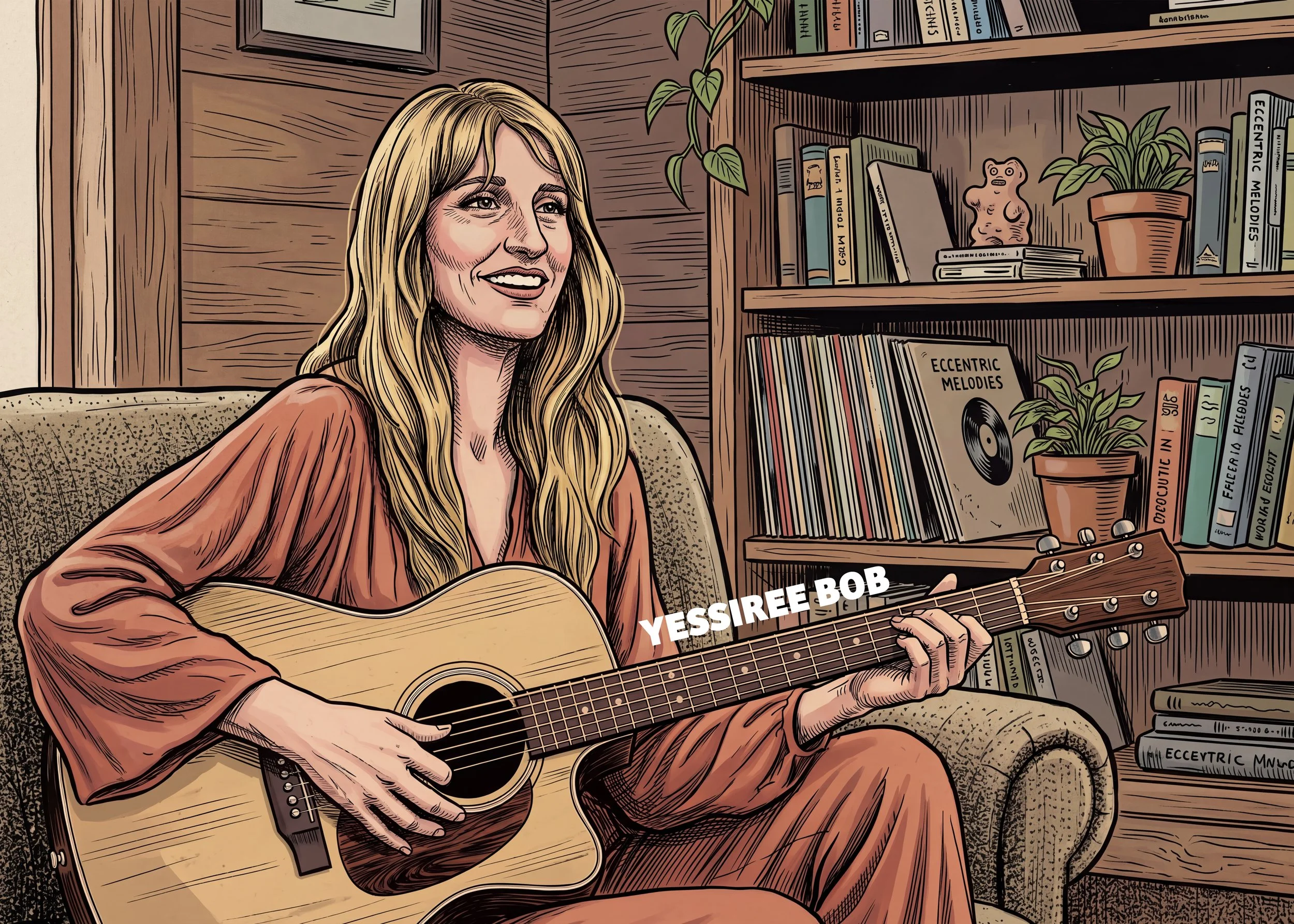 A woman with long blonde hair playing an acoustic guitar, sitting in a room with wooden walls and a bookshelf filled with books, plants, and decorative objects.