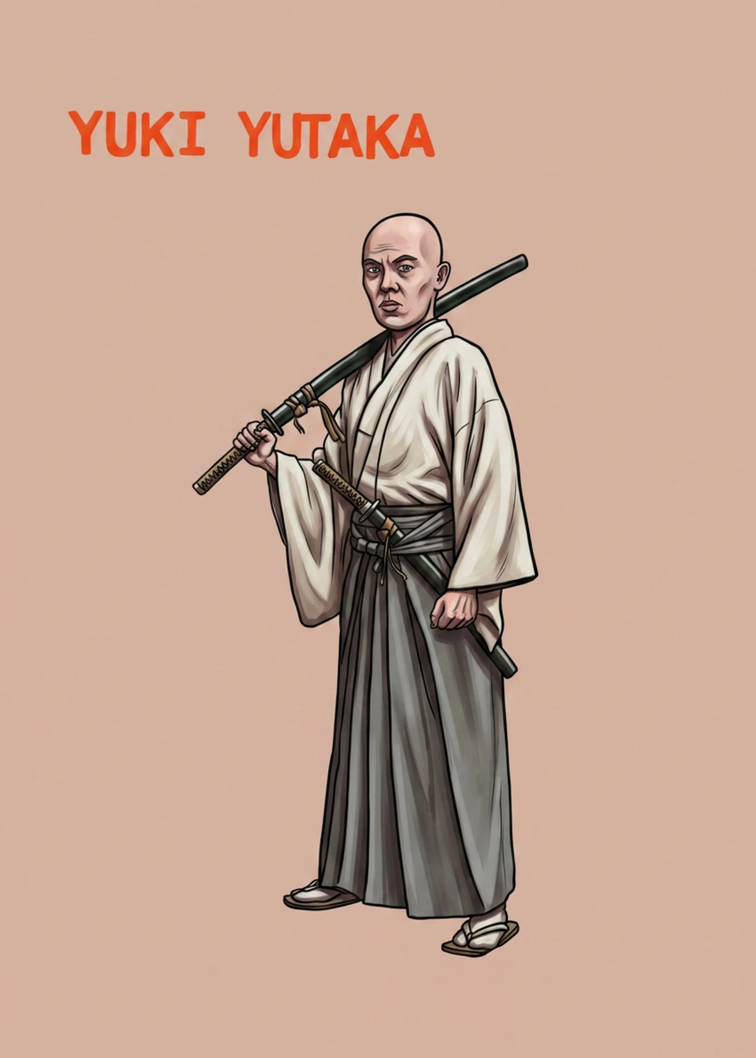 A person dressed in traditional Japanese samurai attire, holding a katana weapon on their shoulder, standing against a plain pink background, with the words 'Yuki Yutaka' written above.