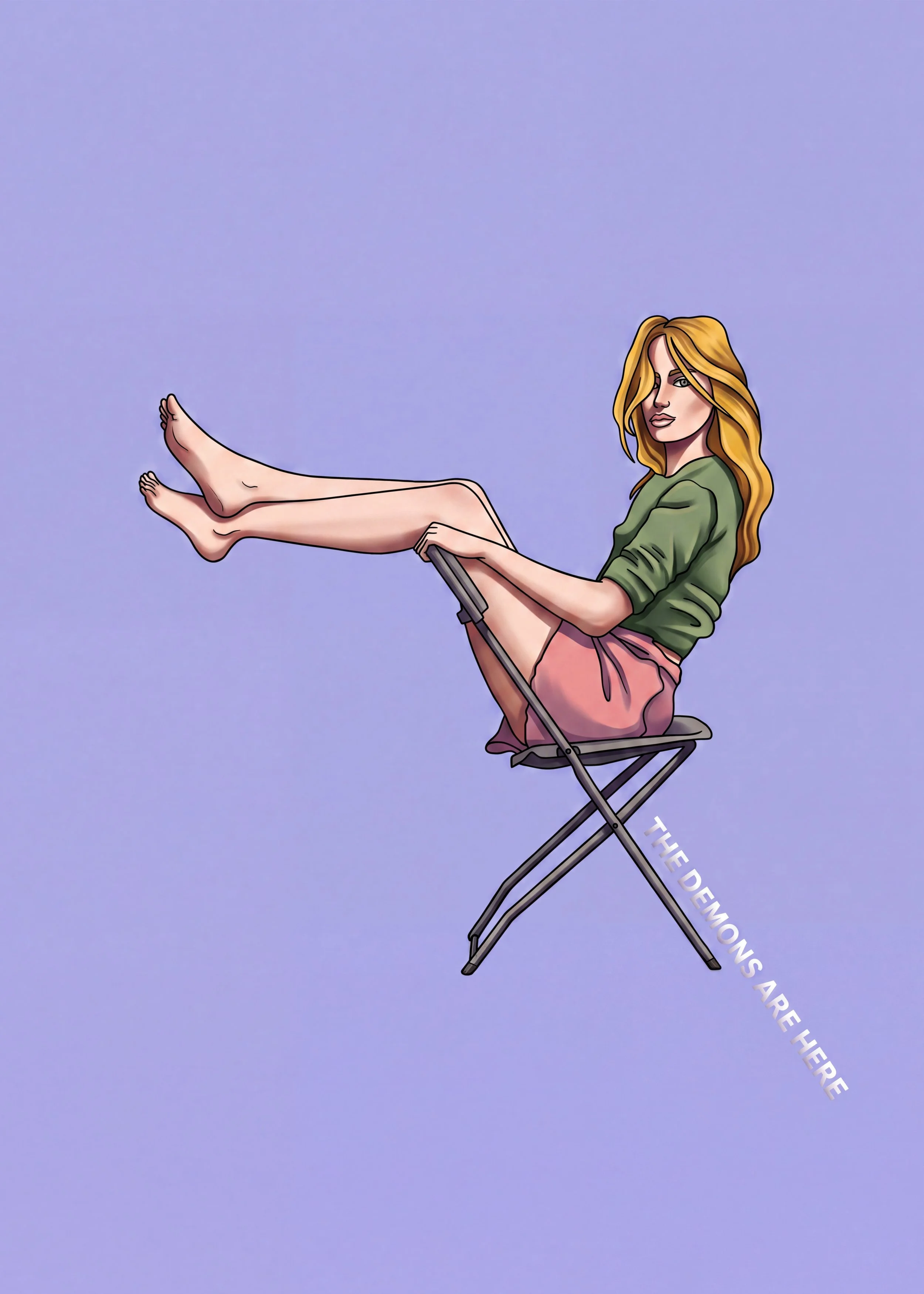 Illustration of a woman with long blonde hair sitting on a folding chair, wearing a green top and pink skirt, against a purple background.