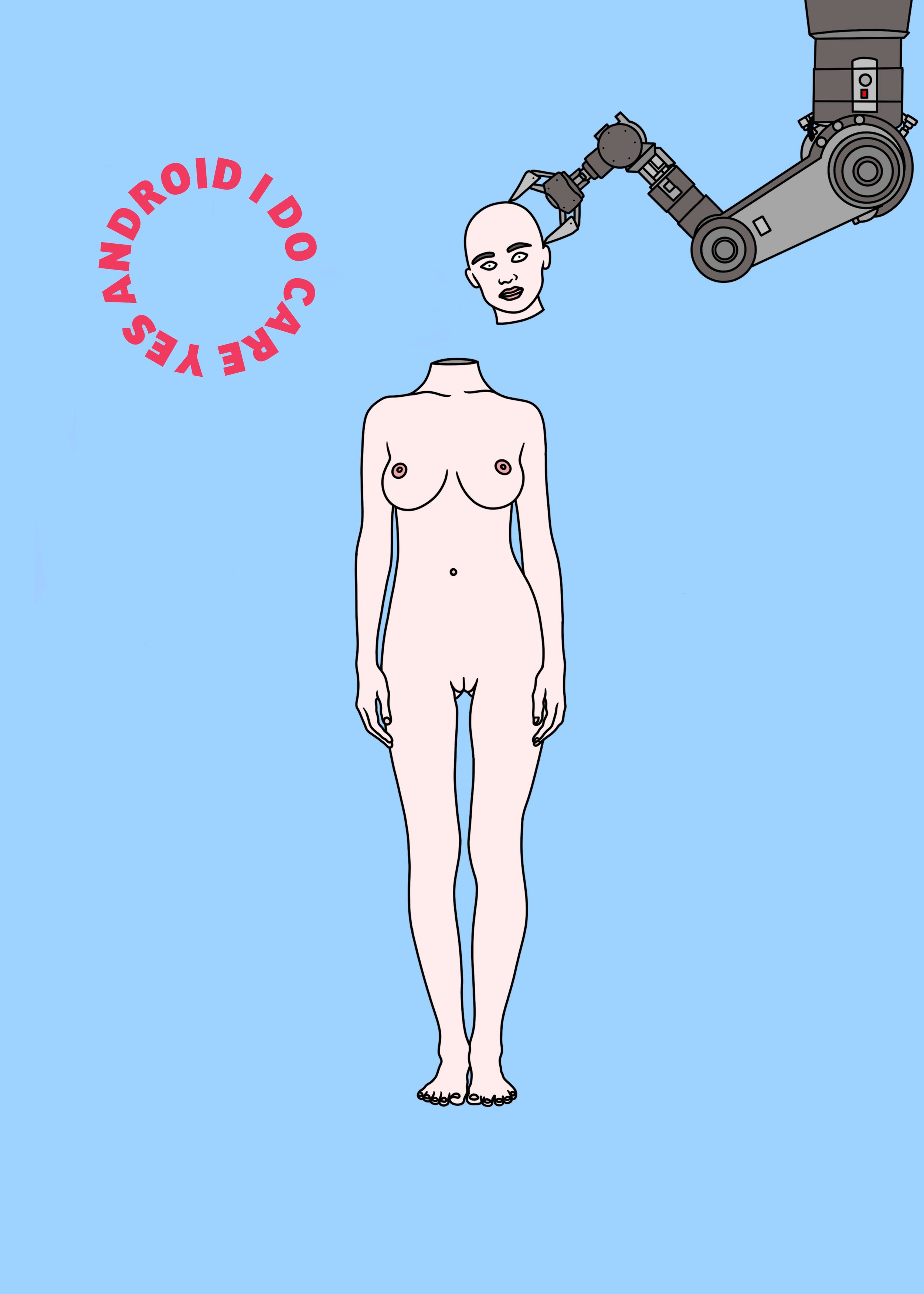 An illustration of a human body with a robotic arm attaching a human head to the body. There is a red circular text on the left side that reads "ARE YOU DROID I DO" and a robot arm is holding the human head above the body.