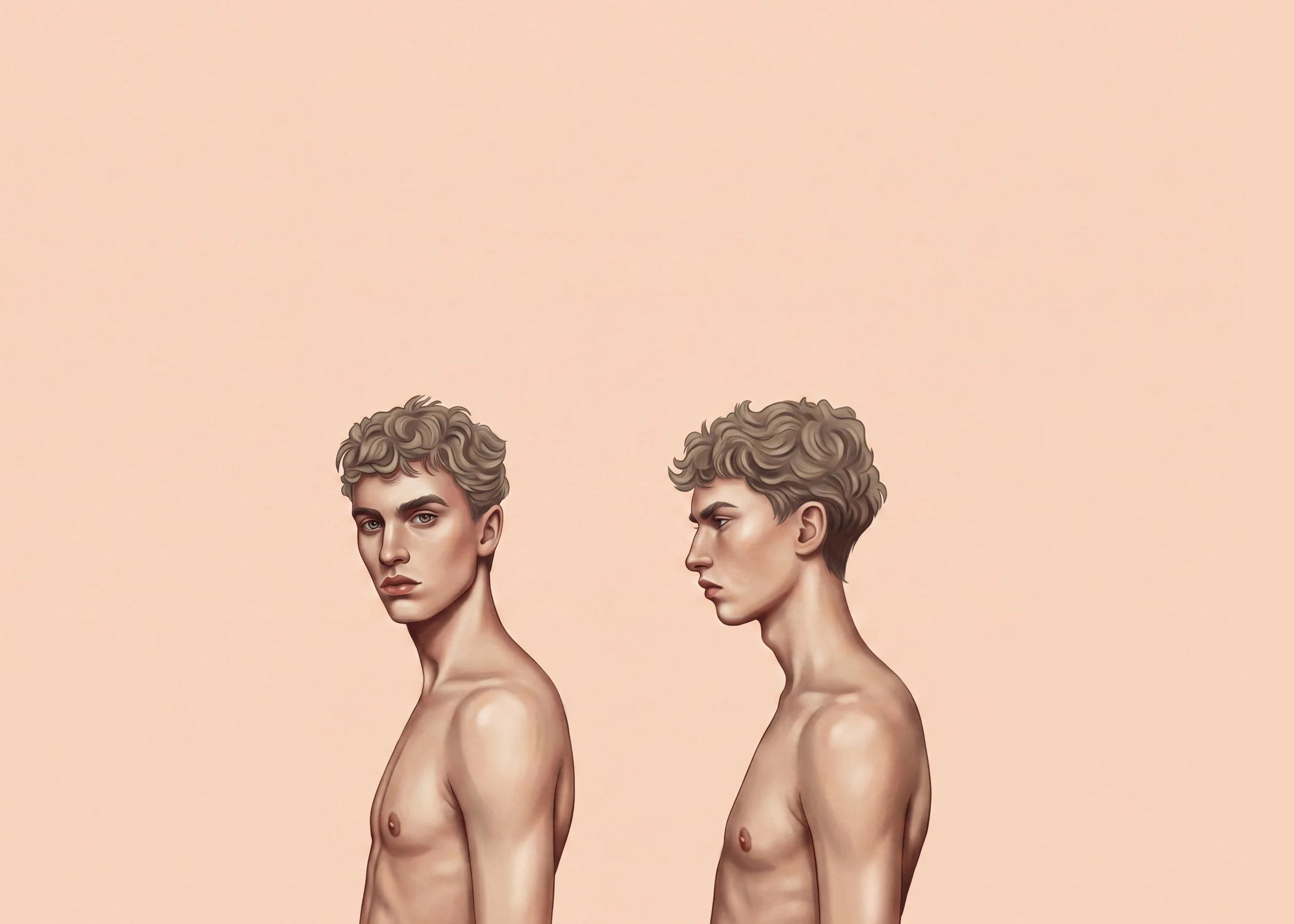 Two digital illustrations of women with short, curly blonde hair and neutral facial expressions, viewed from the front and side, against a light pink background.