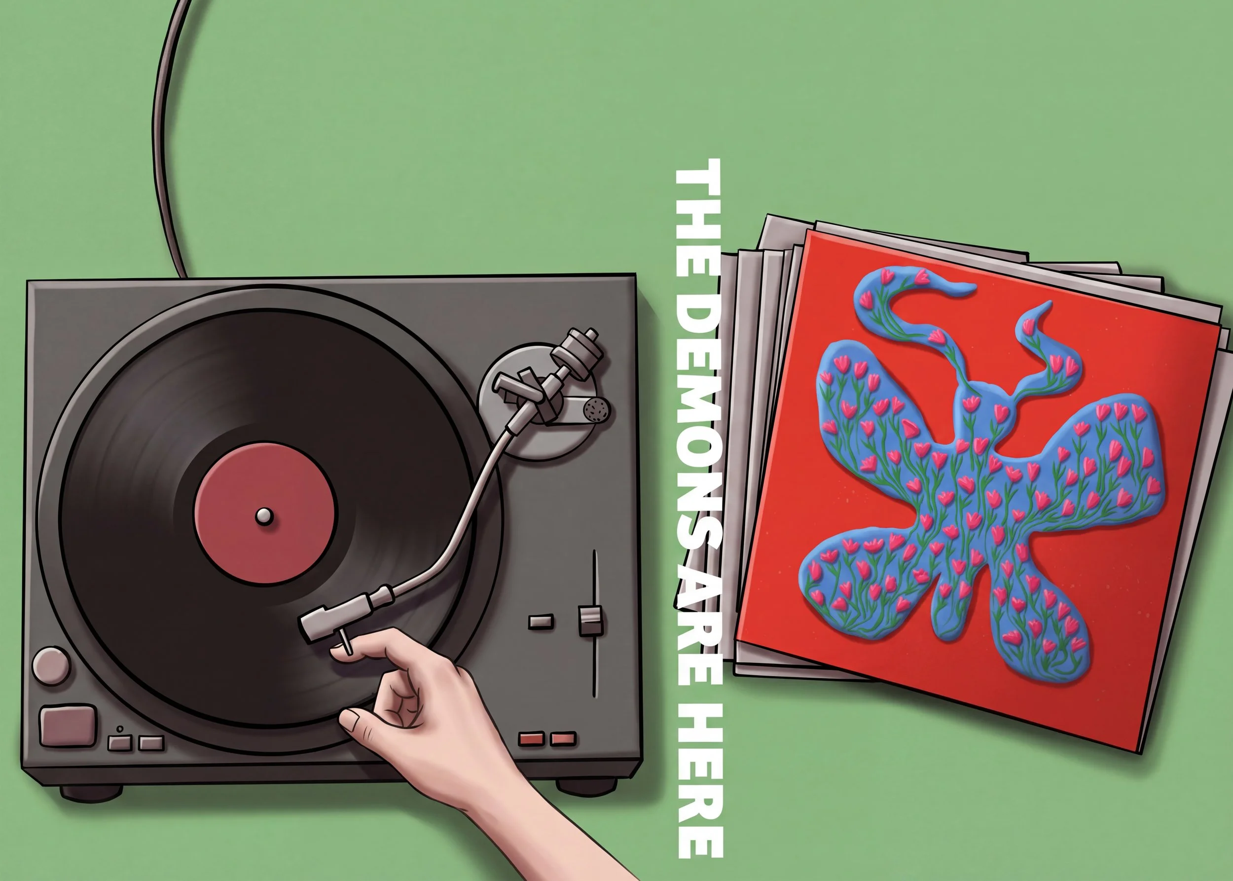 A vintage turntable with a hand adjusting the tonearm, adjacent to a stack of colorful art posters, one featuring a stylized blue seahorse with pink hearts and green coral on a red background, set against a green wall with white text reading 'SOUND T
