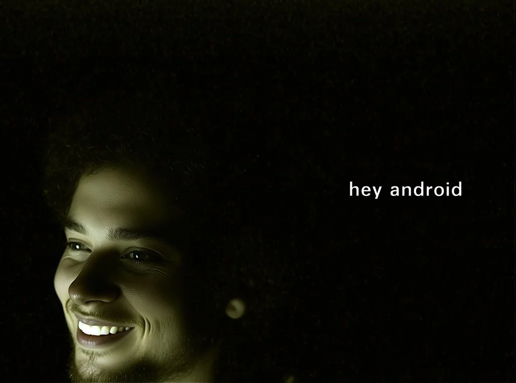 Close-up photo of a smiling young man with moonlight illuminating his face, with text saying 'hey android' in the dark background.