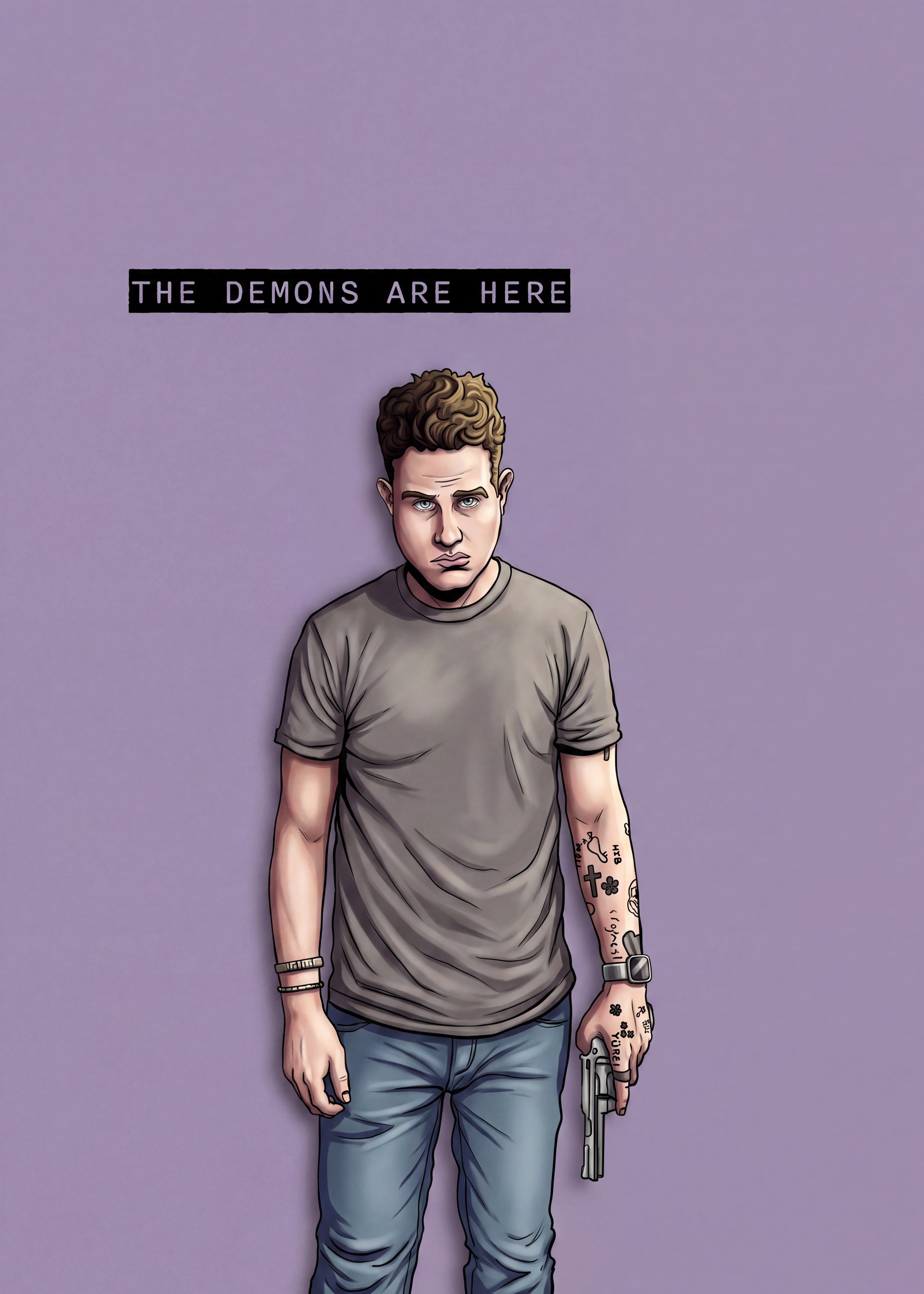 A digital illustration of a young man with short brown hair and blue eyes, wearing a gray t-shirt and blue jeans, standing against a purple background. He has tattoos on his right arm and is holding a gun in his right hand. The text "THE DEMONS ARE H