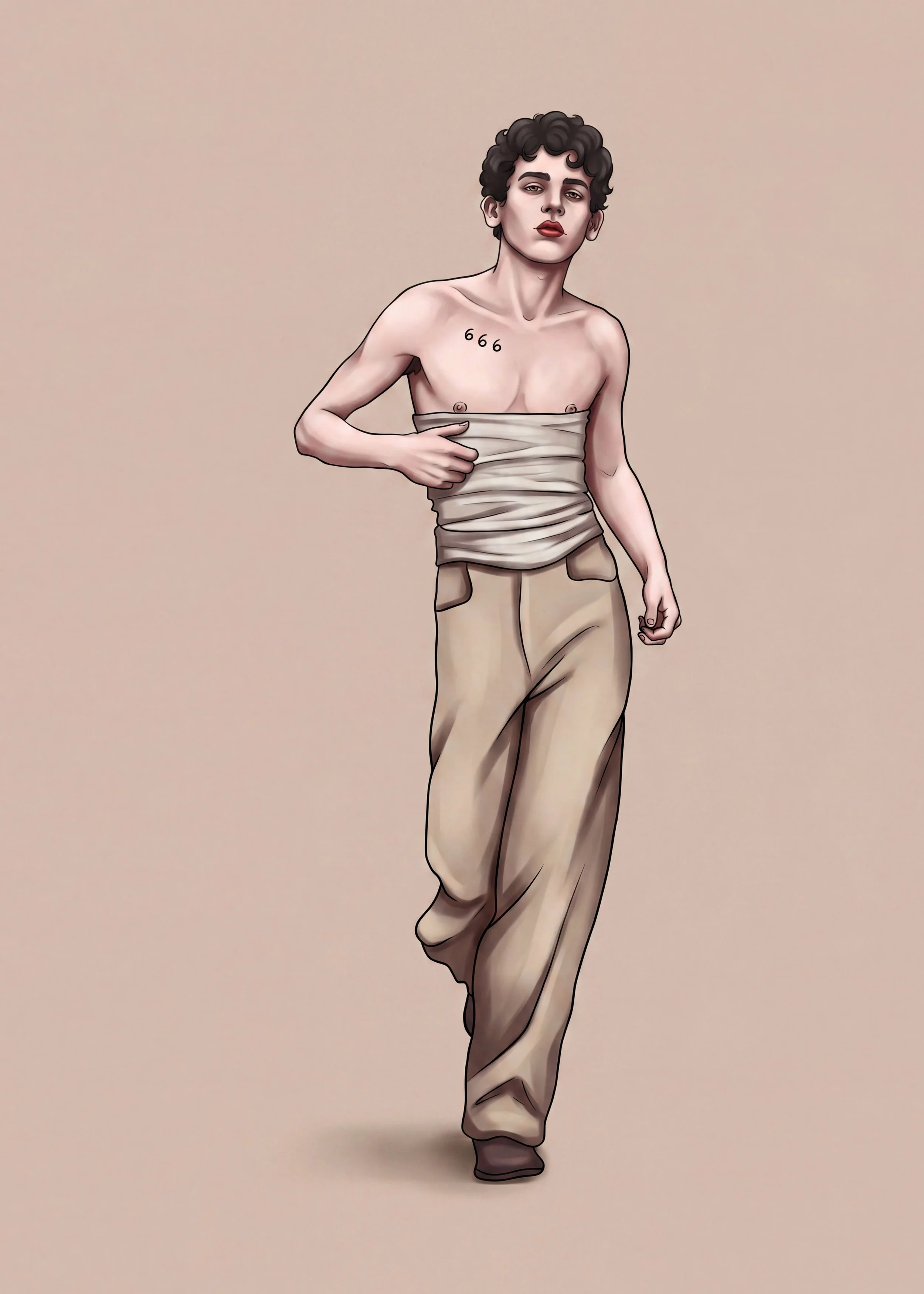 A digital illustration of a person with short curly hair, wearing beige pants and a draped cloth covering their chest, with the number 666 tattooed on their right shoulder, standing against a plain, neutral background.