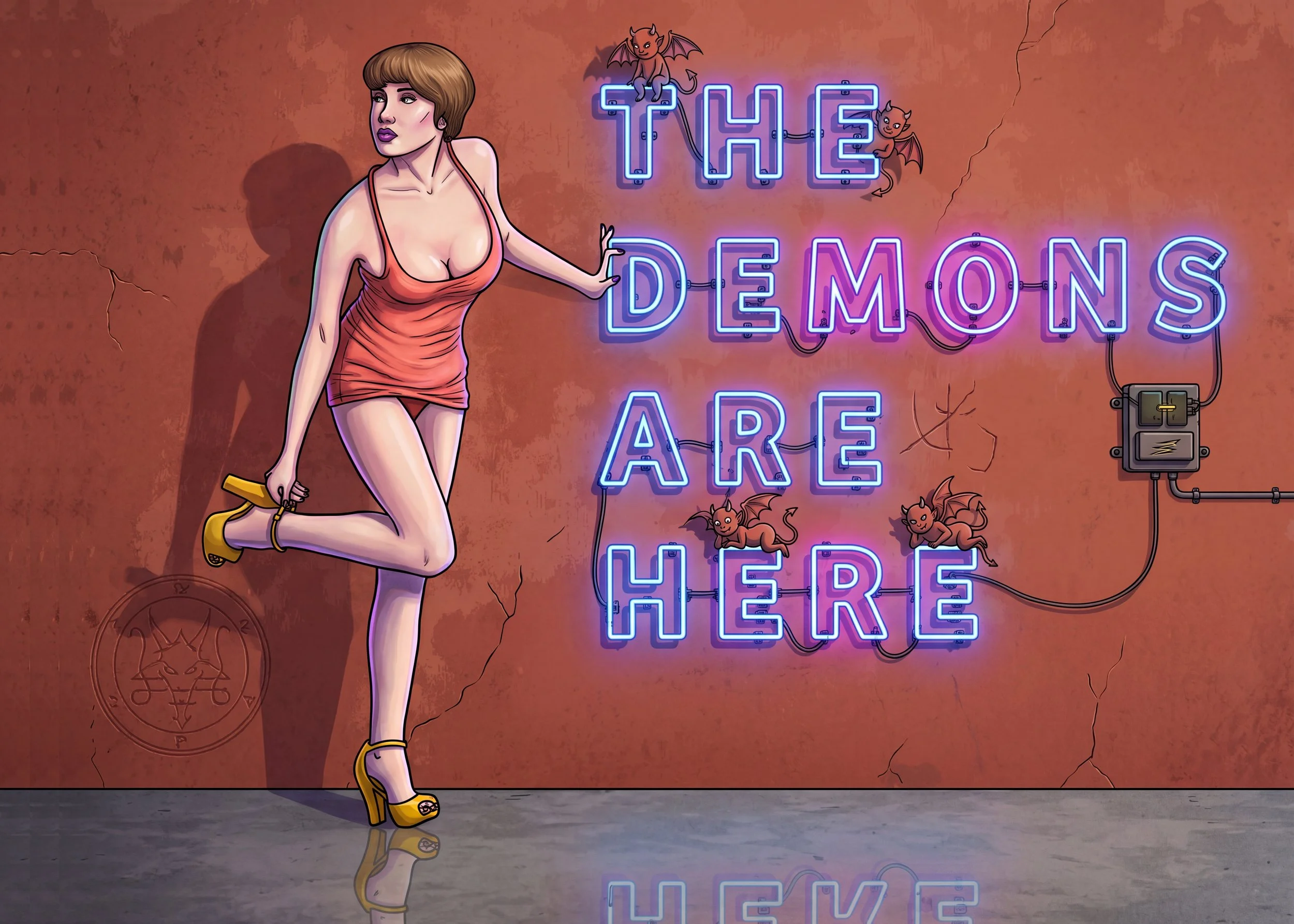 A woman with short brown hair and purple lipstick kneeling in front of a textured orange wall with cracks. She is wearing a tight, short, pink dress with thin straps and high-heeled yellow shoes. To her right, there is a blue neon sign reading 'THE D