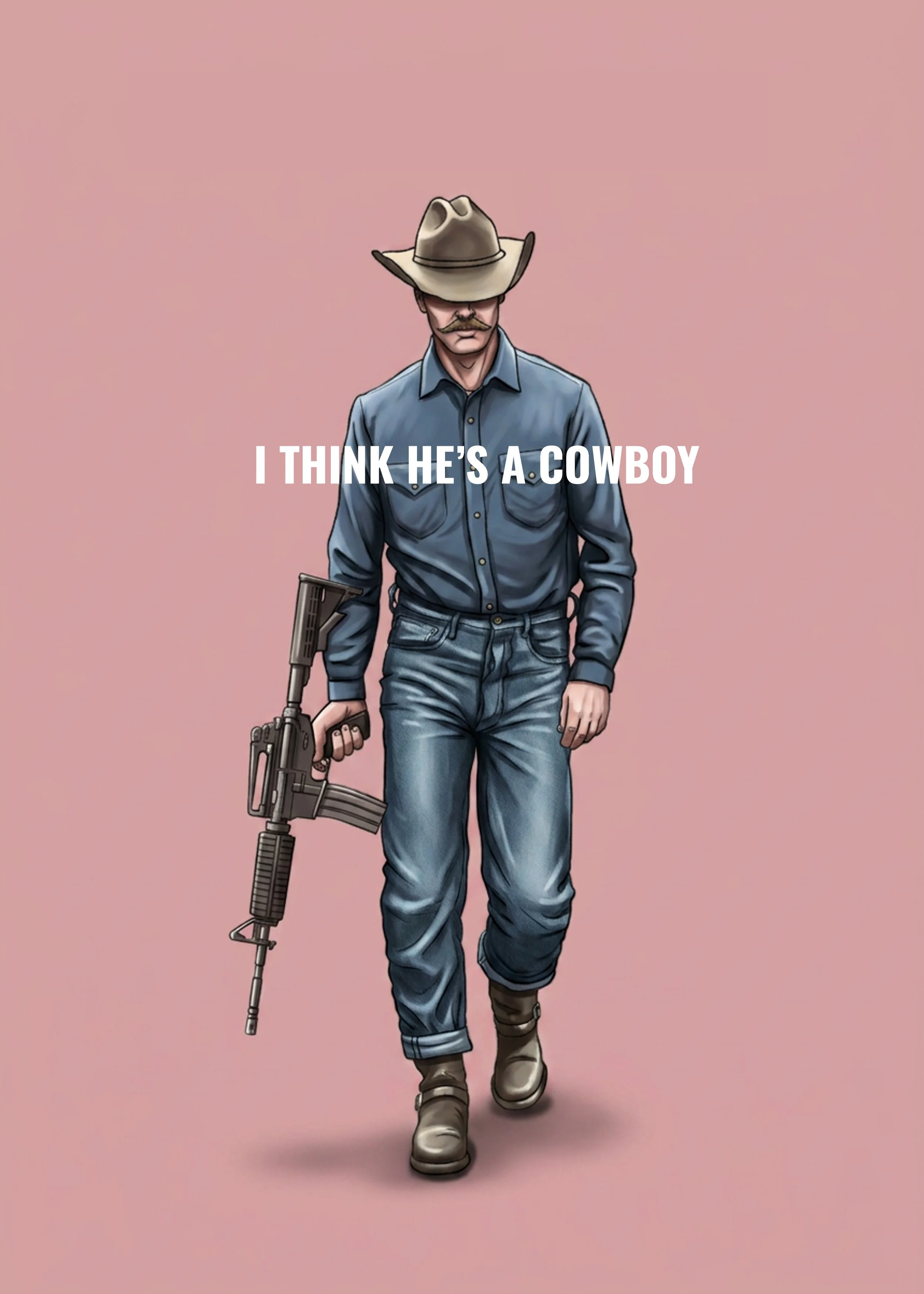 A cartoon illustration of a cowboy wearing a large cowboy hat, blue jeans, a button-up shirt, and brown boots, holding a rifle in one hand. The background is pink, and white text across the middle reads, "I THINK HE'S A COWBOY."