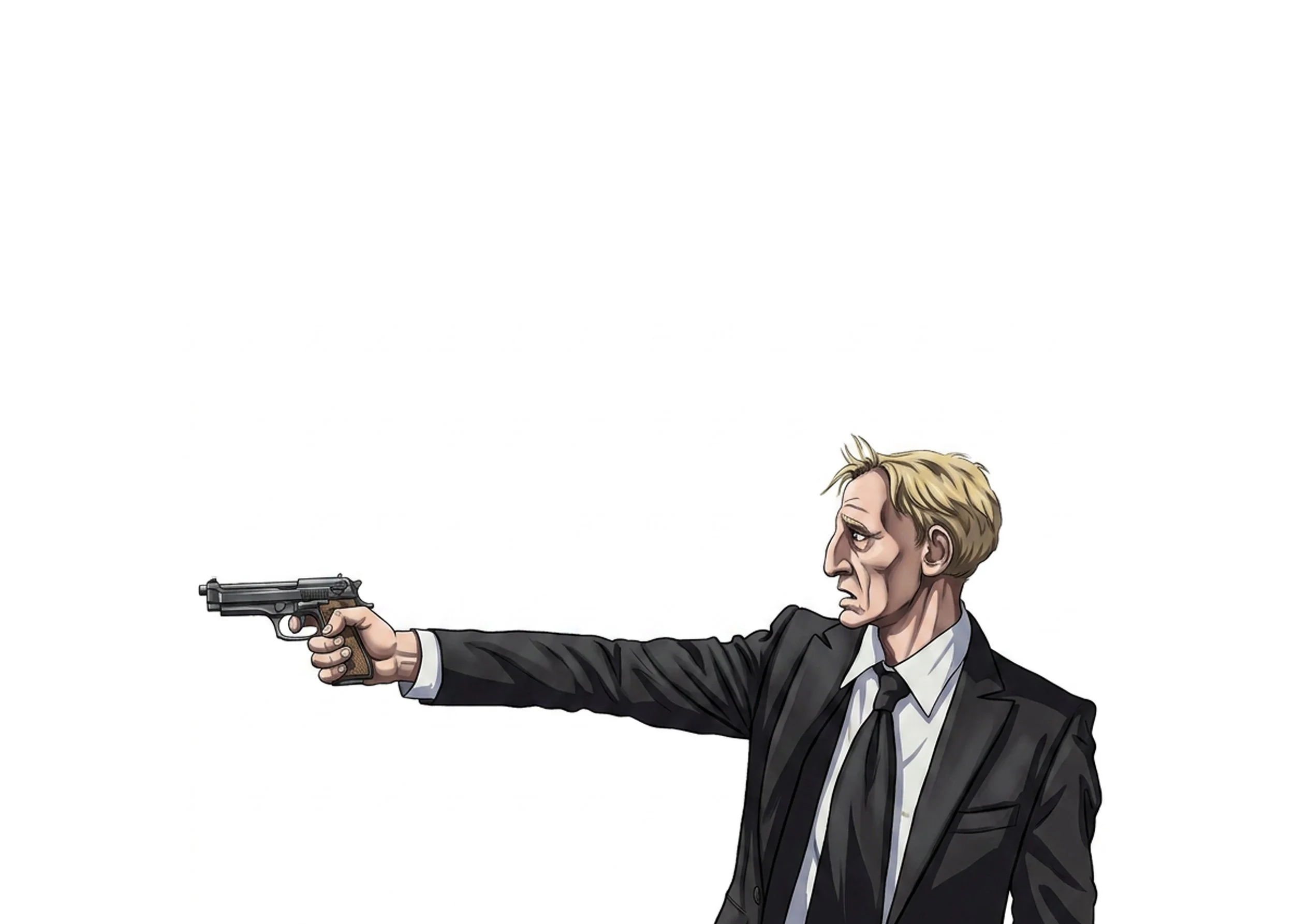 A digitally illustrated man in a black suit and tie holding a gun, aiming to the right with a serious expression.