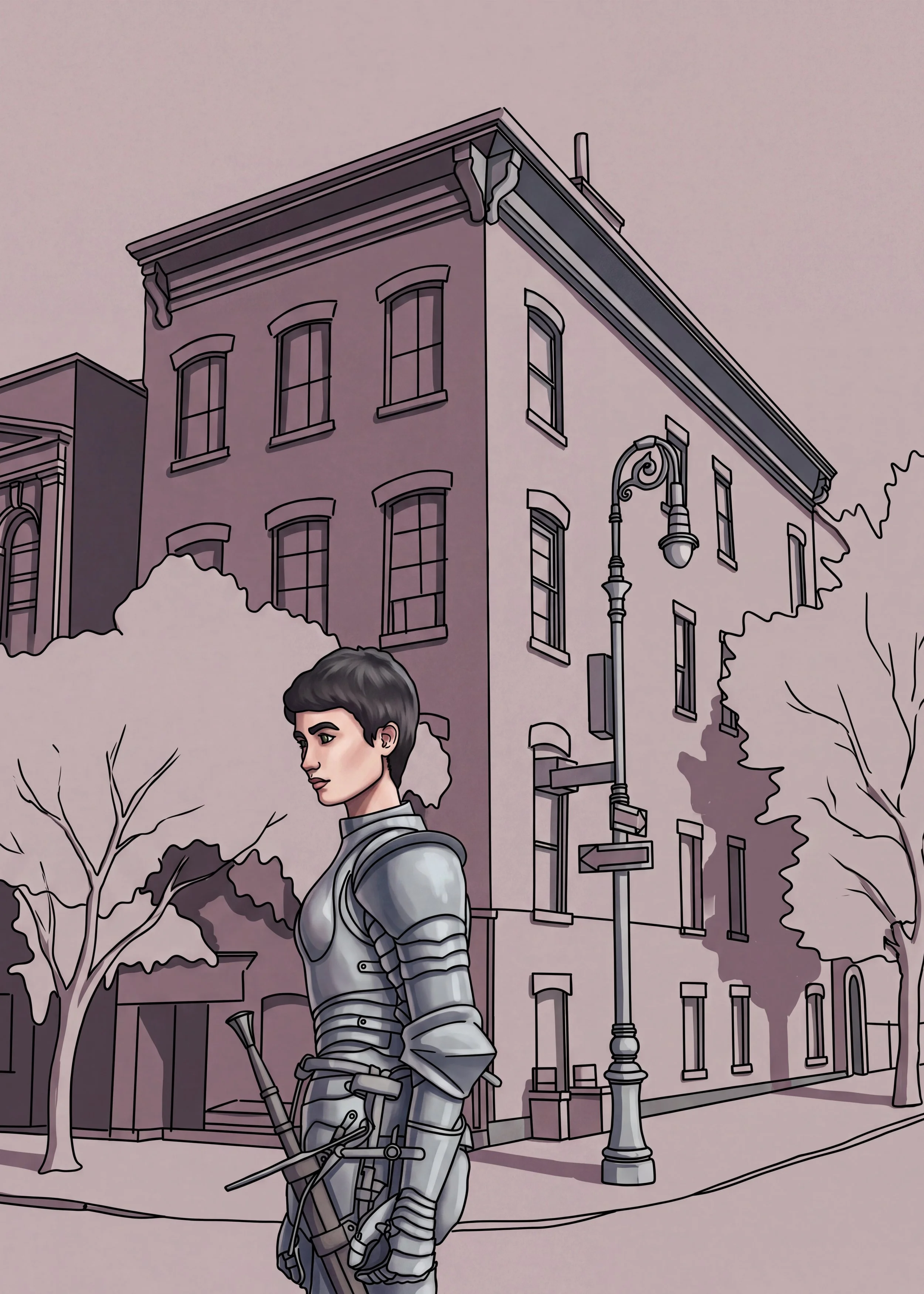 A digital illustration of a young woman wearing a futuristic, metallic armor with a short hairstyle, standing on a city street with old brick buildings, trees, street lamps, and street signs in the background.