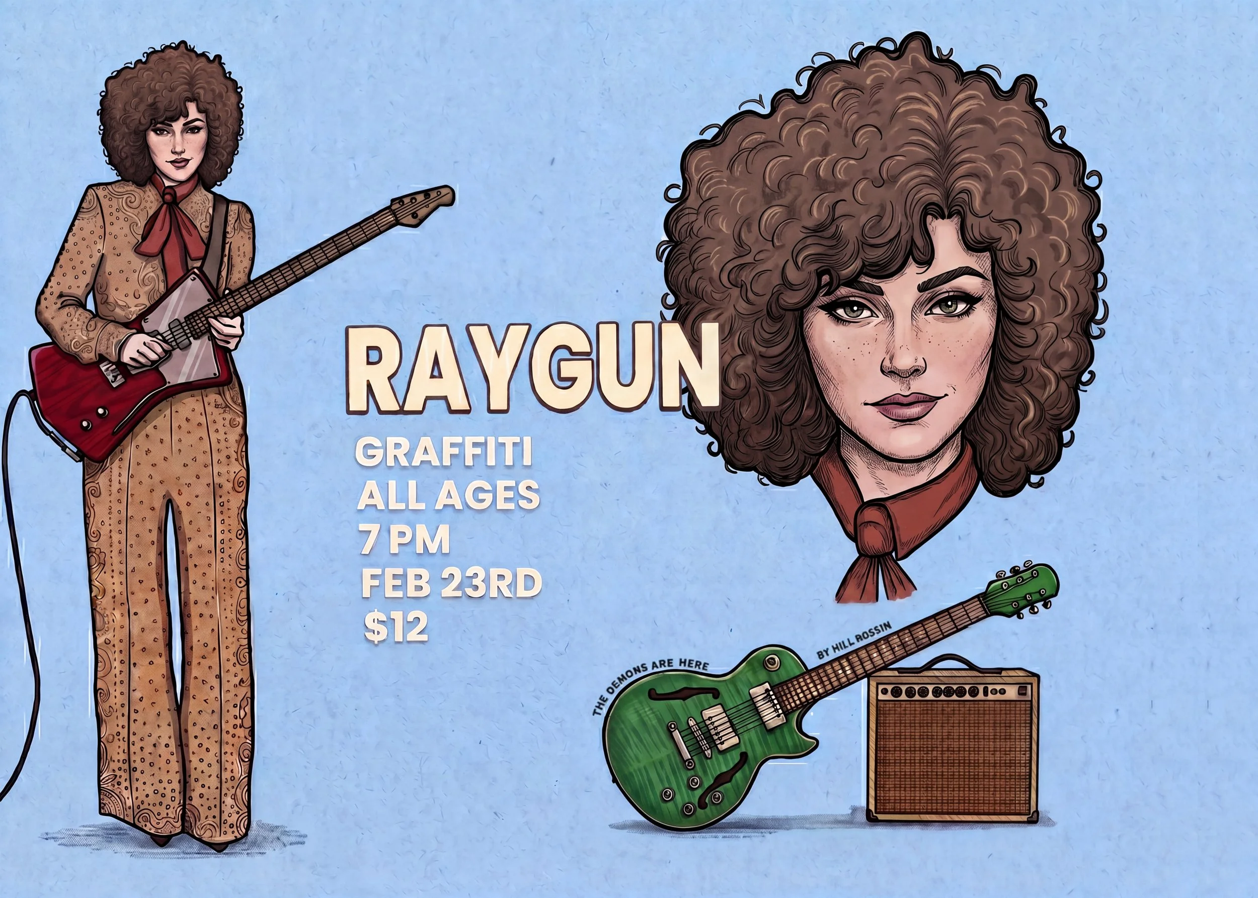 A poster advertising a concert by Raygun with artwork of a woman with curly hair holding a guitar, dressed in a patterned trousers and a blouse, and several musical instruments including a green guitar, a small amplifier, and a speaker. The poster di