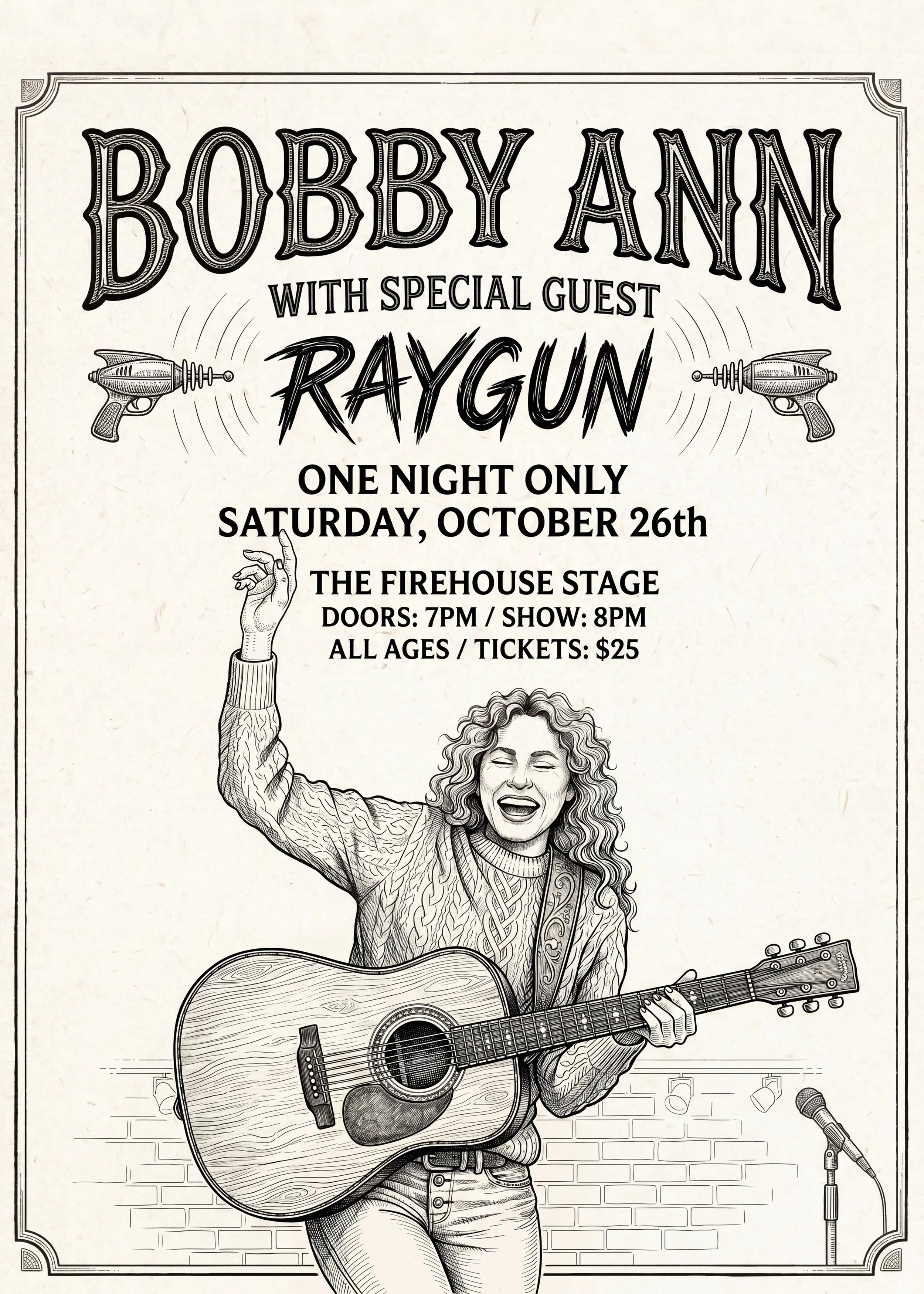 Black and white illustration of a woman playing an acoustic guitar, singing with her eyes closed and striking a joyful pose. The background features a brick wall and a microphone stand.