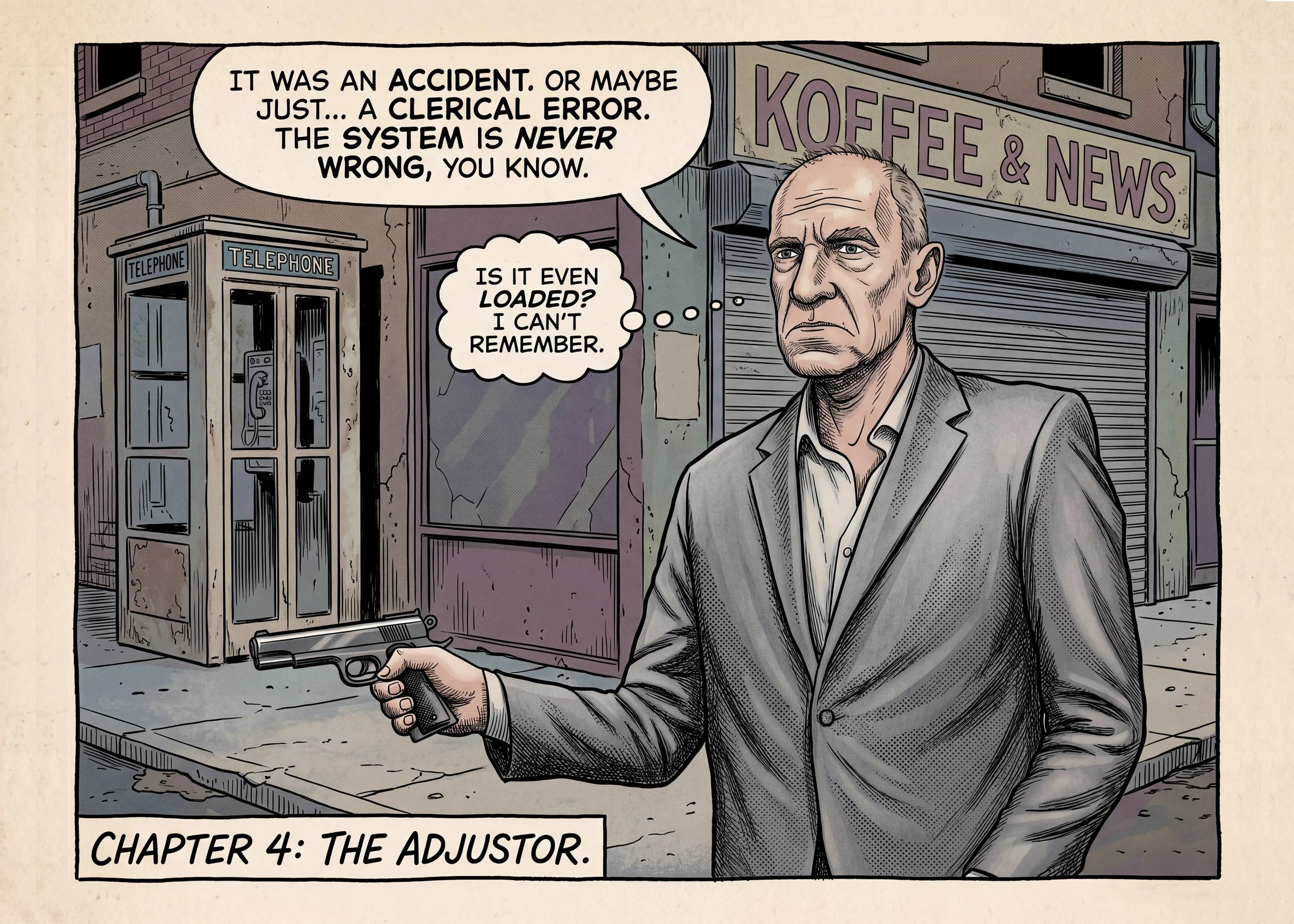 A man in a suit holding a gun with a barrel pointed downwards, standing in front of a closed storefront that has a sign for coffee and news. The man appears serious, with a furrowed brow. The scene has a gritty, comic book style with muted colors.