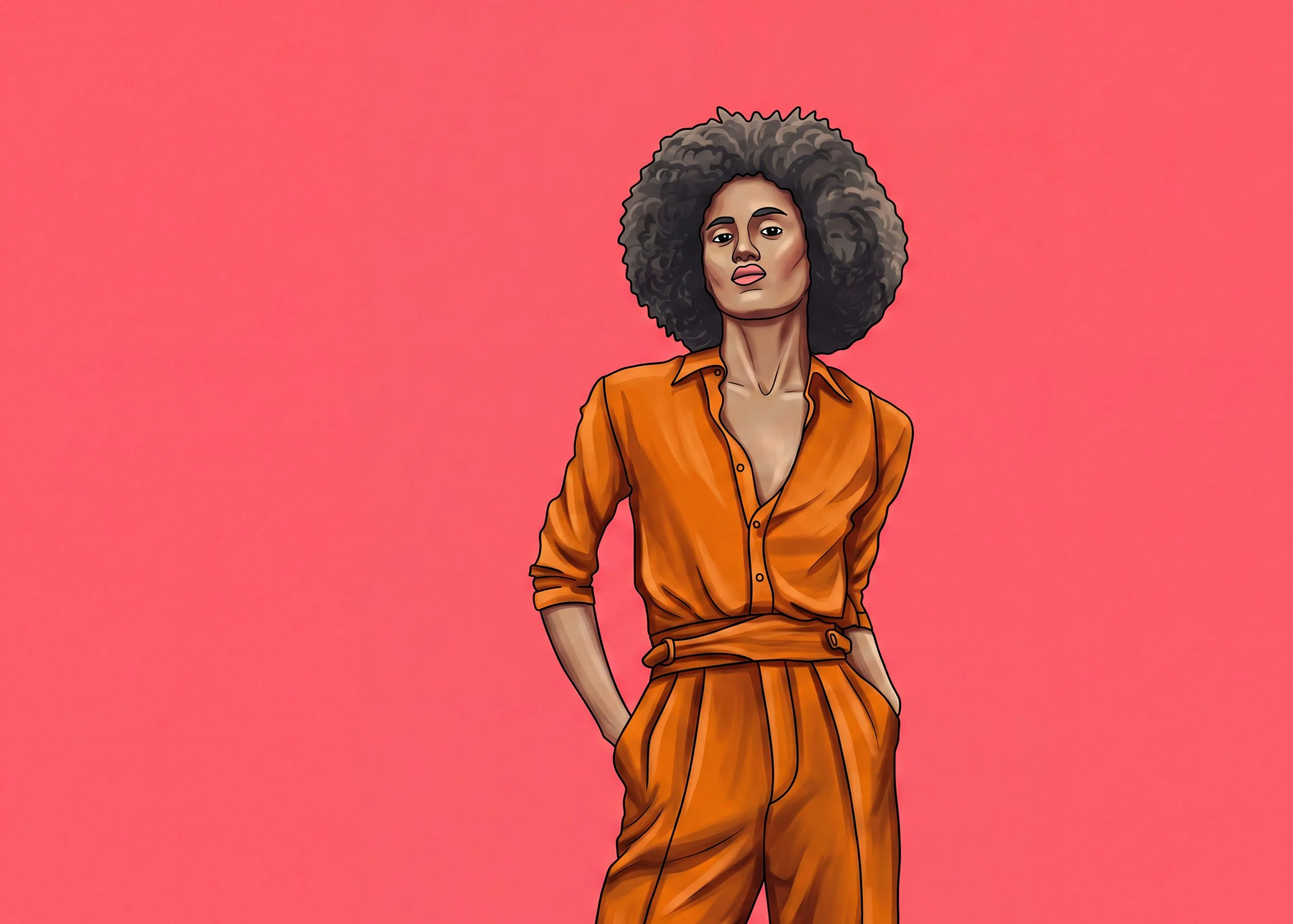 Digital illustration of a woman with voluminous curly hair, wearing an orange button-up shirt and matching pants, standing against a pink background.