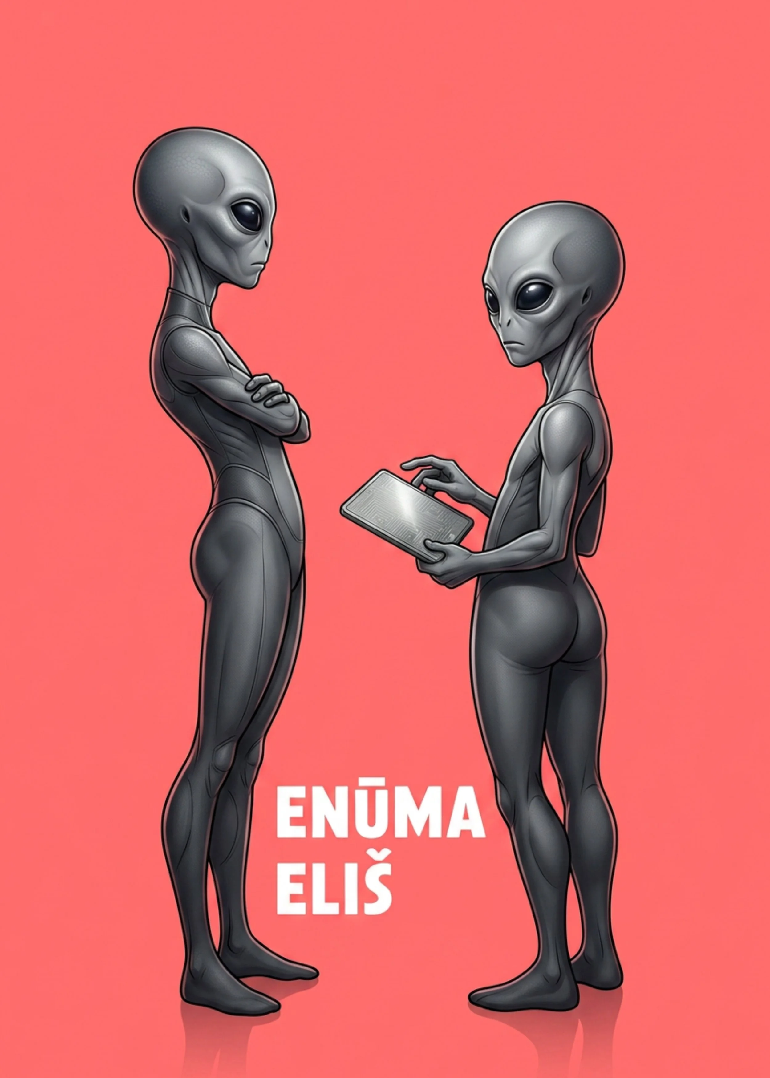 Two alien-like figures with gray skin and large black eyes facing each other, one holding a tablet, against a pink background with Turkish words 'ENÜMA' and 'ELİŞ' in white text.