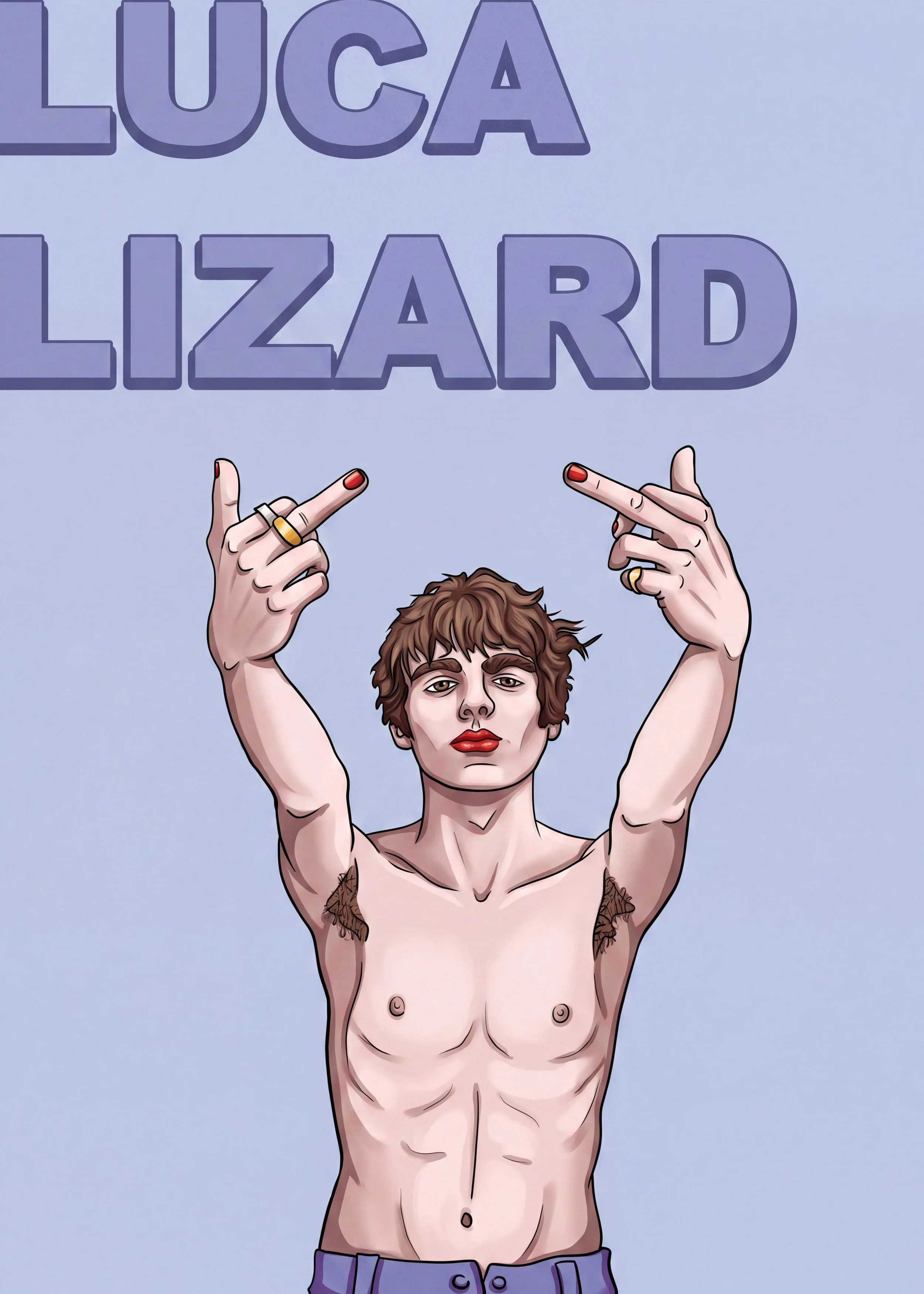 A digital illustration of a shirtless young man with curly brown hair, holding up two fingers on each hand in a peace sign. His facial expression is neutral, and he has rings on his fingers. The words "LUCA" and "LIZARD" are written in large purple l