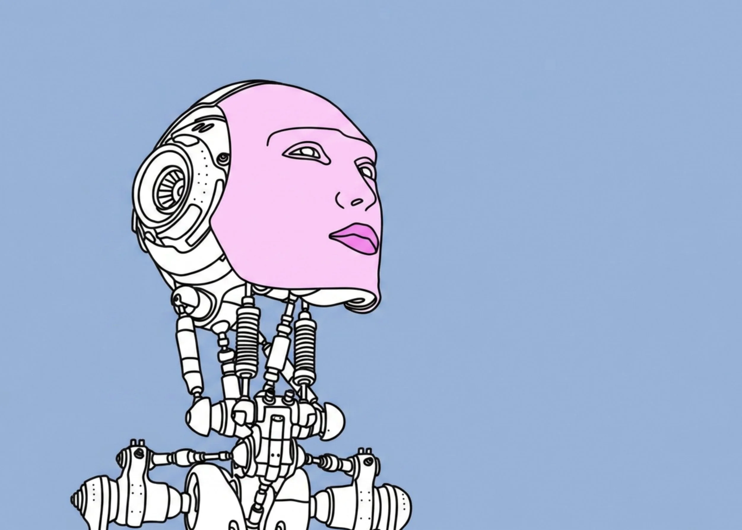 Abstract illustration of a humanoid figure with robotic and human features against a blue background. The figure has a pink face with human-like facial features, combined with mechanical and robotic elements forming the head, neck, and body.