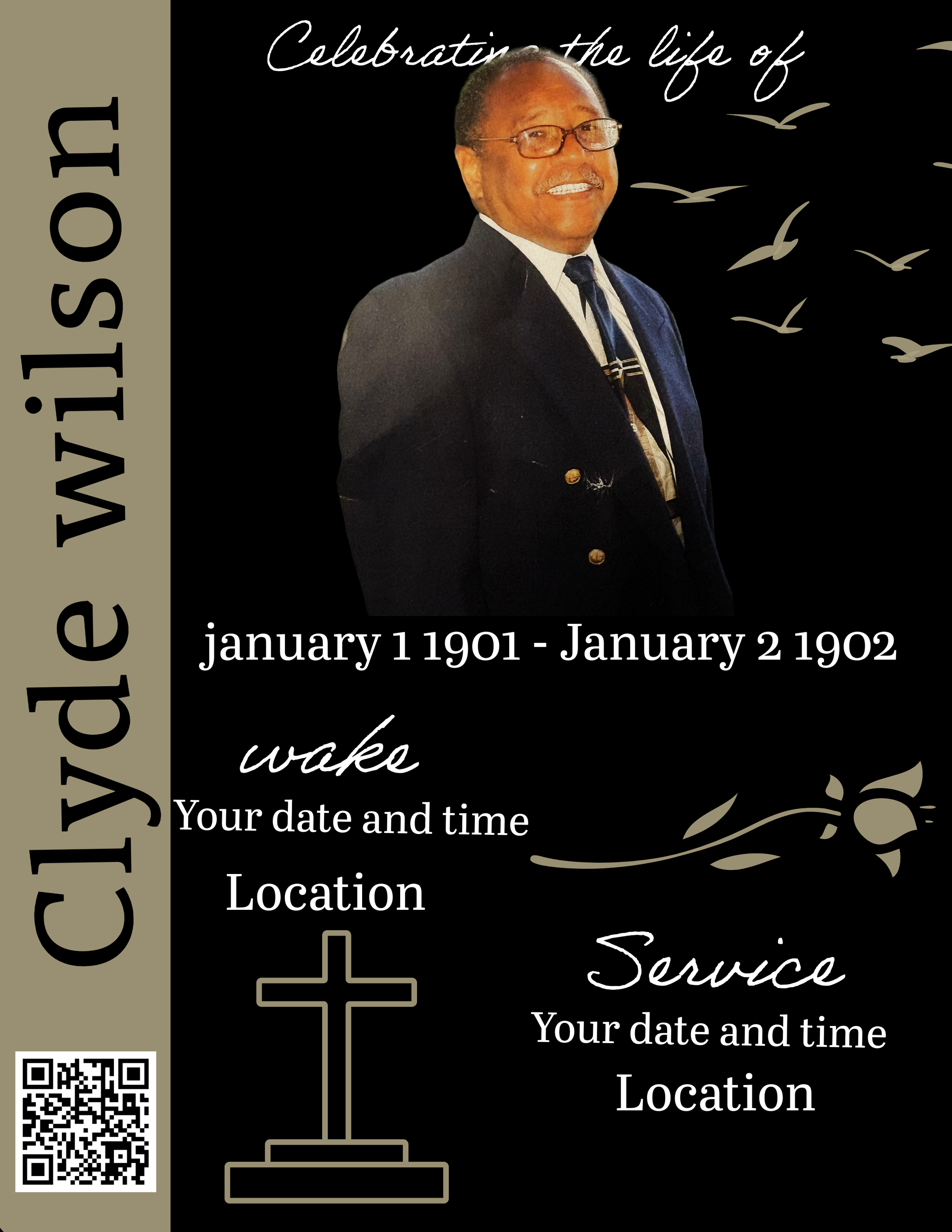 Memorial graphic featuring a smiling man in a suit and tie with glasses, with the text 'Celebrating the life of' above, and dates 'January 1, 1901 - January 2, 1902' beneath, accompanied by a flying bird illustration and a QR code.