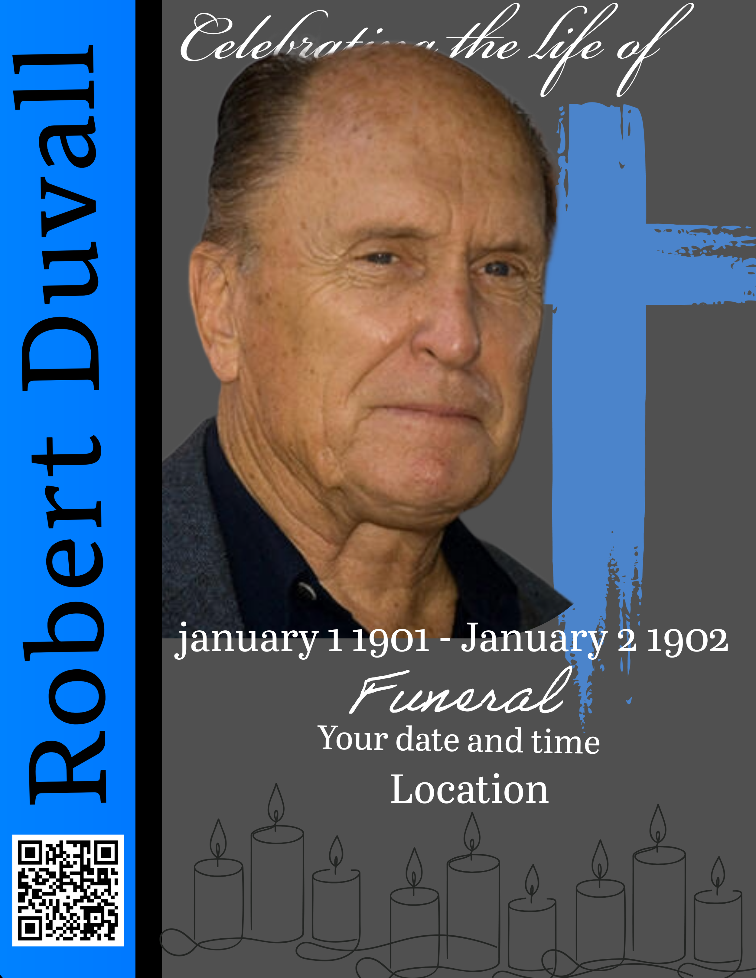 Memorial funeral invitation card featuring a close-up portrait of an elderly man with a solemn expression. It includes text about celebrating the life of the individual, with dates January 11, 1901, to January 2, 1902, and details for the funeral, including date, time, and location. The card has a dark background with candle illustrations and a blue side banner with the word 'Memorial' and a QR code.
