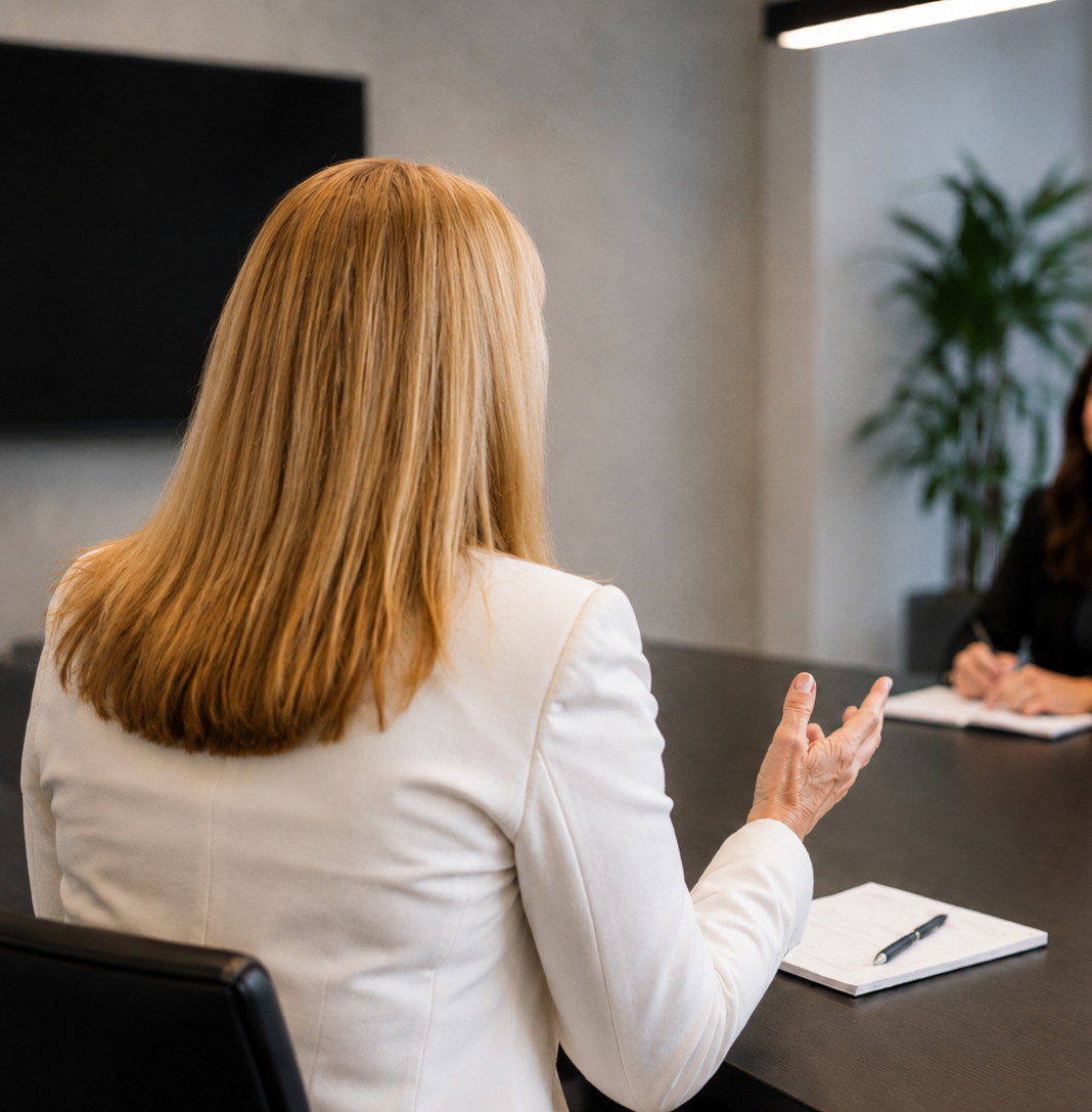 A woman with blonde hair in a white blazer sitting at a conference table during a job interview or meeting, with a notebook and pen in front of her, and another woman on the opposite side of the table.