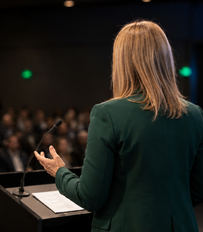 A woman with blonde hair standing at a podium, speaking to an audience in a dimly lit conference room.