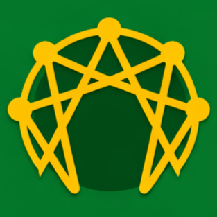 A yellow geometric design with interconnected nodes and lines on a green background.
