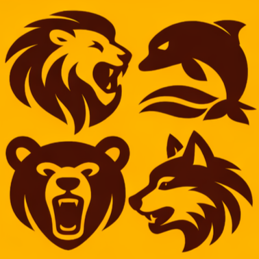 Four stylized animal logos of a lion, dolphin, bear, and wolf on a yellow background.