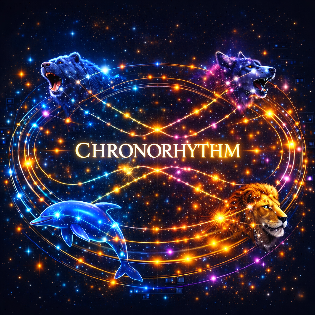 A digital artwork showing a blue bear, a purple wolf, a blue dolphin, and a lion, connected by glowing colorful lines against a starry space background with the word 'CHRONORHYTHM' in the center.
