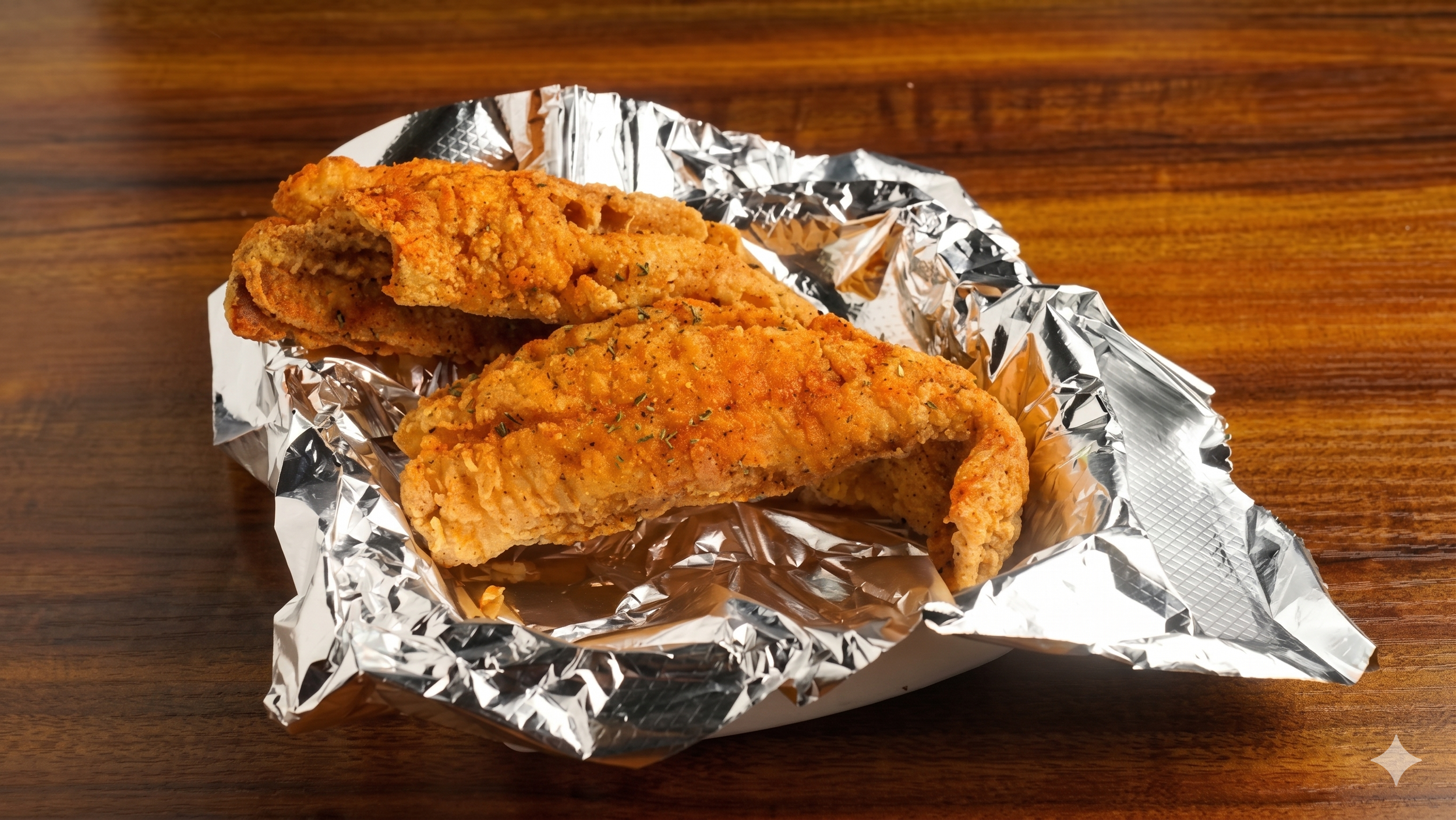 Two fried chicken drumsticks on crumpled aluminum foil on a wooden surface.