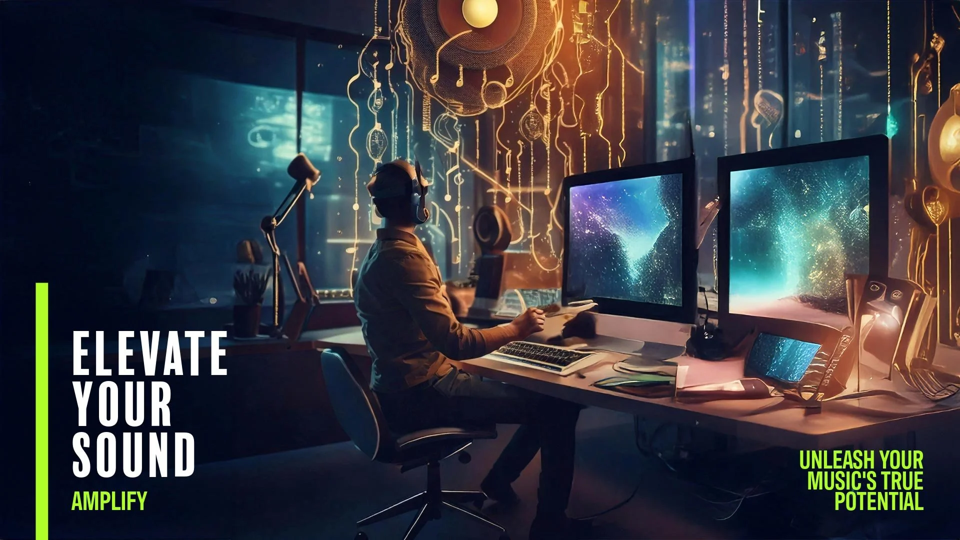 A person with headphones working at a desk with multiple computer monitors, surrounded by vibrant, glowing digital and musical visuals, with text that reads 'Elevate Your Sound' and 'Unleash Your Music's True Potential'.
