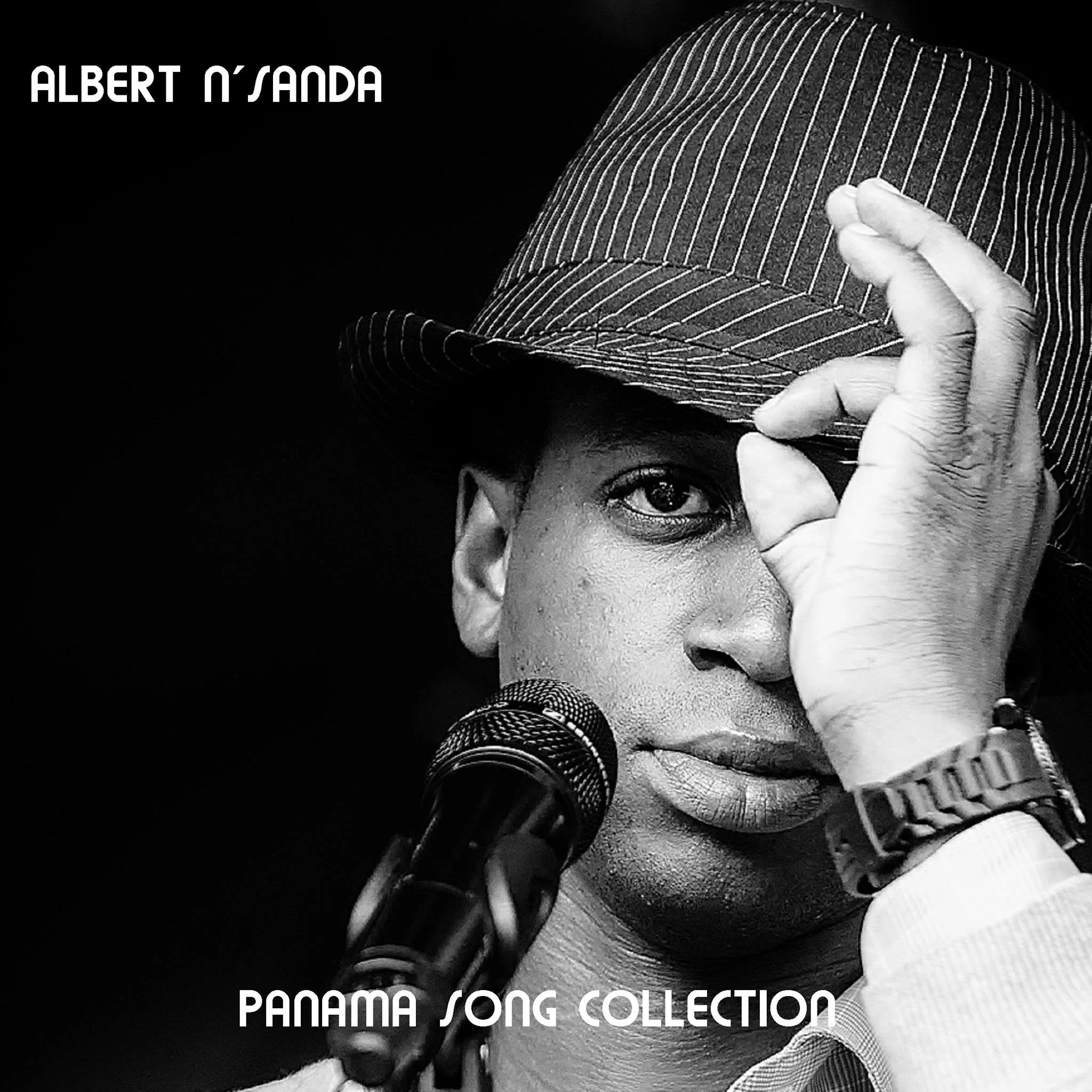 Black and white photo of a person wearing a striped hat and sweater, holding a finger to one eye, with text indicating it's part of the Panama Song Collection by Albert N'Sanda.