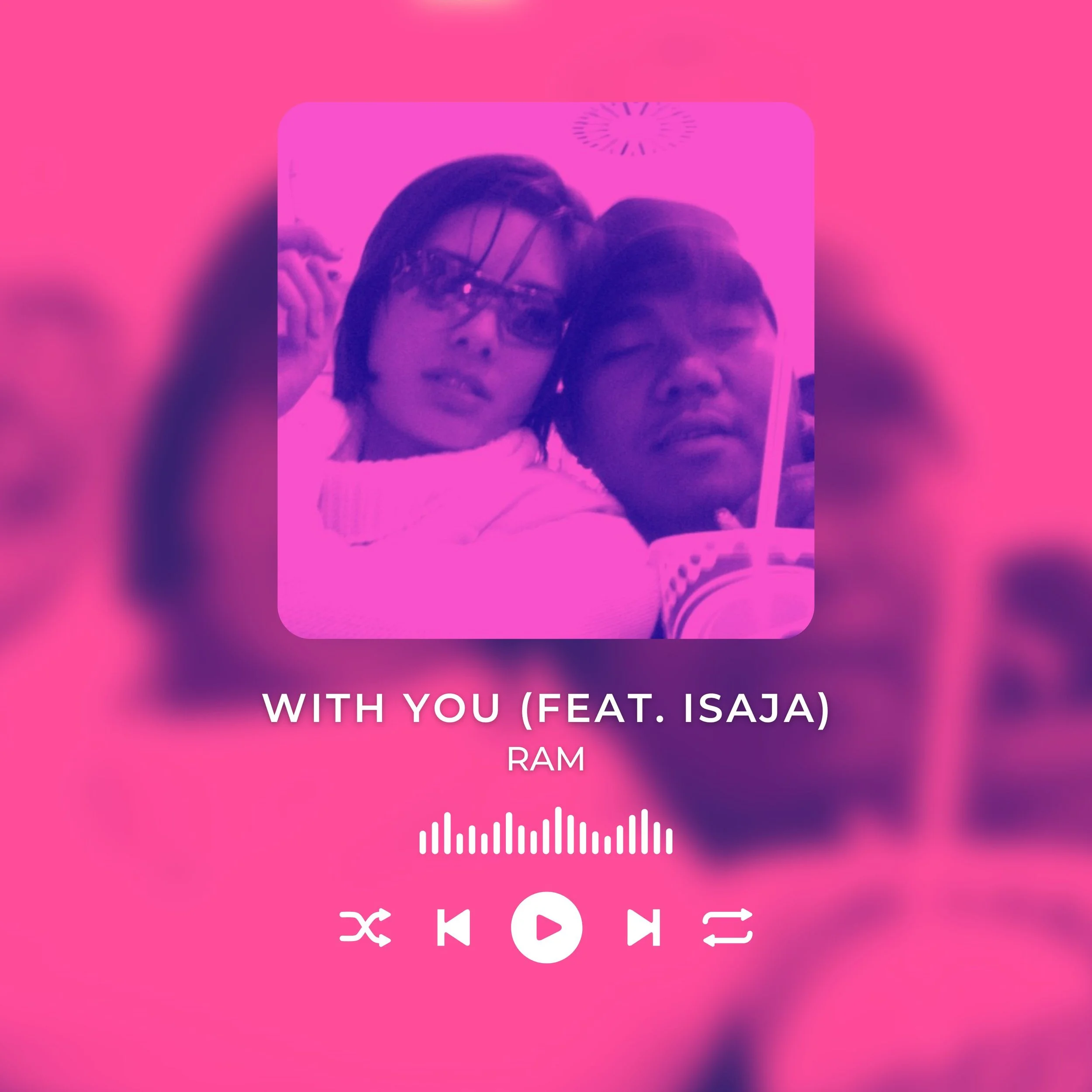 A mobile phone screen displaying song lyrics for 'WITH YOU (FEAT. ISAJ)' by RAM, with a pink and purple background, playback controls, and a waveform visualization.